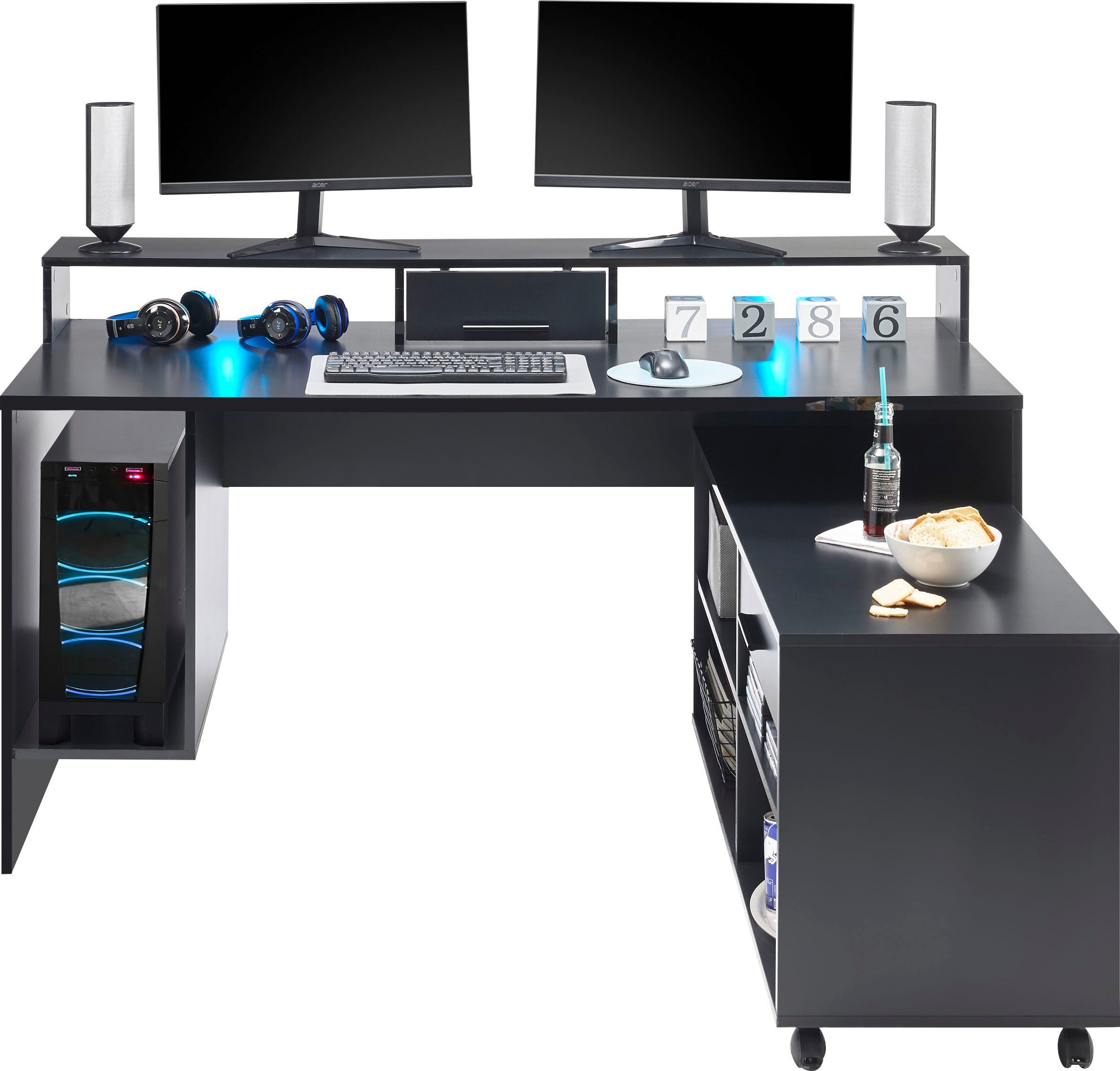 BEGA OFFICE Gamingtisch Computertisch Rollcontainer RGB-LED mit Schwarz Highscore, Farbwechsel, inkl