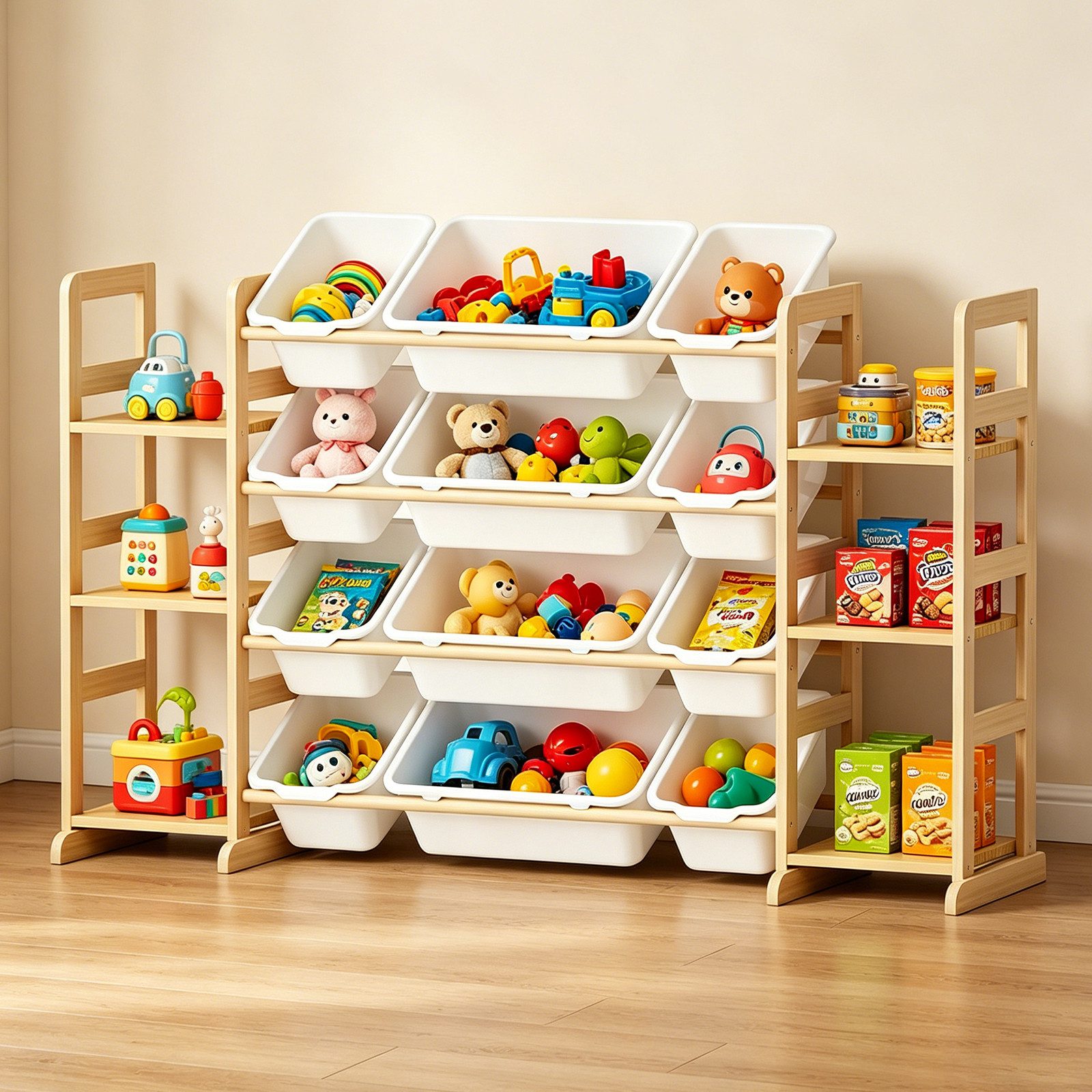 BlingBin Spielzeugtruhe Kinderregal, Spielzeugregal Bücherregal mit 12 Aufbewahrungsboxen (1er Set, 1 St., 133L x 34,5B x 80H cm), Kinder-Mülleimerregal, Spielzeugkiste für Spielzimmer-Organisation