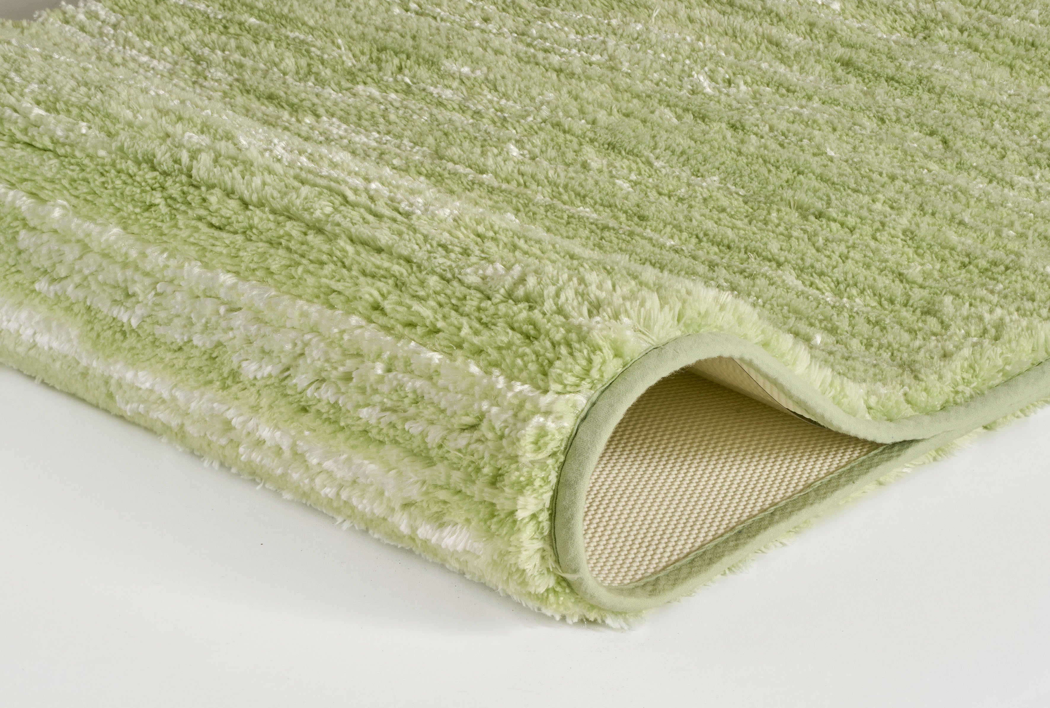 Kleine Wolke Badematte Glow, Badvorleger, Badezimmer Teppich, Höhe 14 mm, rutschhemmend beschichtet, fußbodenheizungsgeeignet, Polyester, rechteckig, Badteppich, Uni Farben, Streifen Struktur, Hoch-Tief Effekt