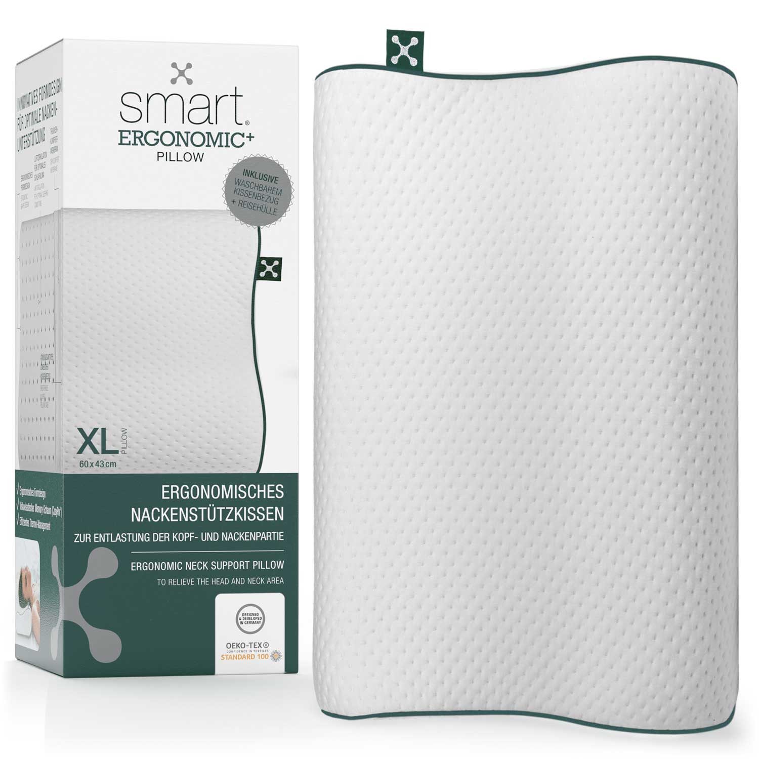 smartsleep Nackenkissen Ergonomic Pillow, Ergonomisches Nackenstützkissen aus Memory Foam, HWS-stützend für Rücken- & Seitenschläfer