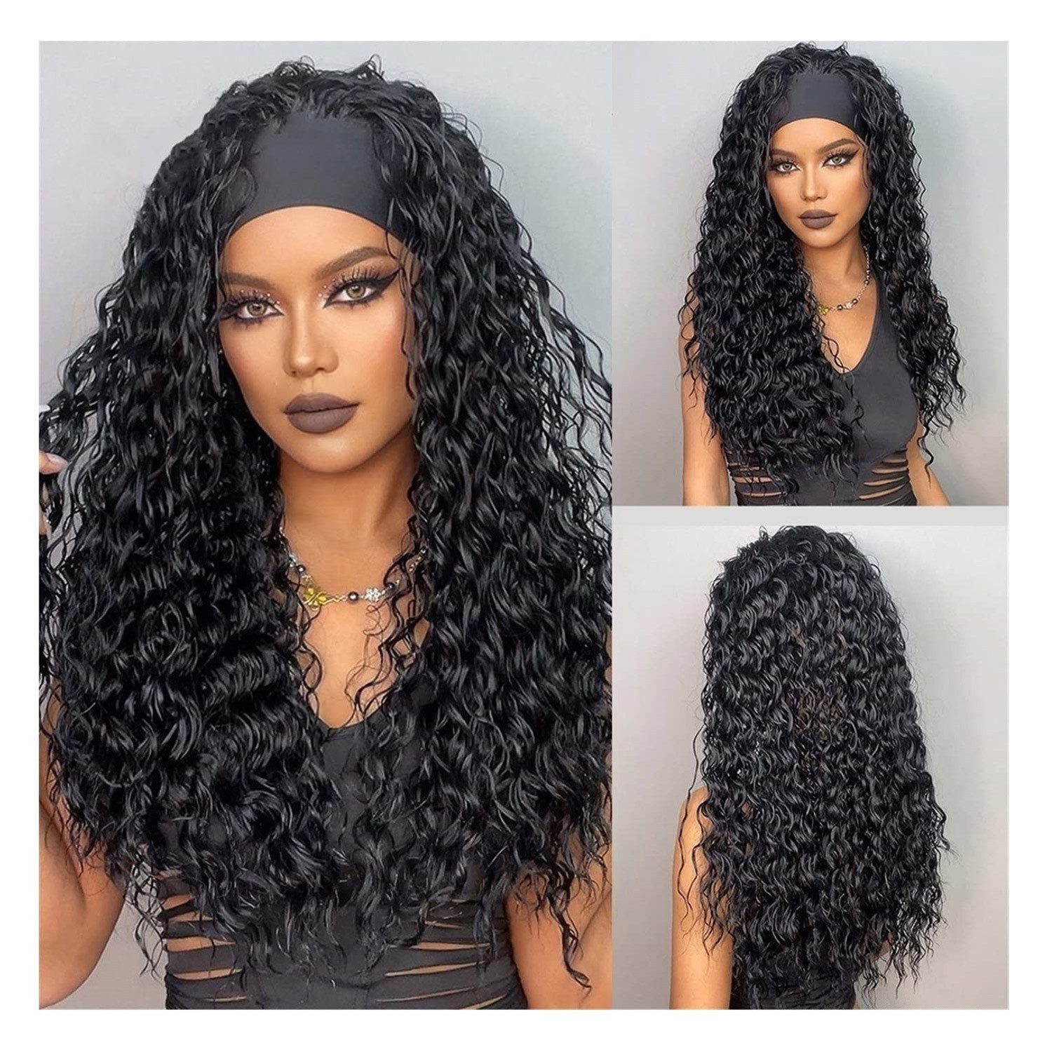 Refttenw Kunsthaarperücke Damenperücke 66cm Lange Lockige Stirnband Perücke, Kleberlos 150% Dichte