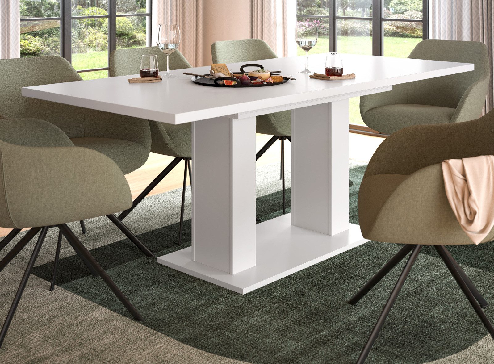 Inn.Furn Säulen-Esstisch Home-X (Küchentisch in Weiß, ausziehbar 150 - 190 cm), für bis zu 8 Personen