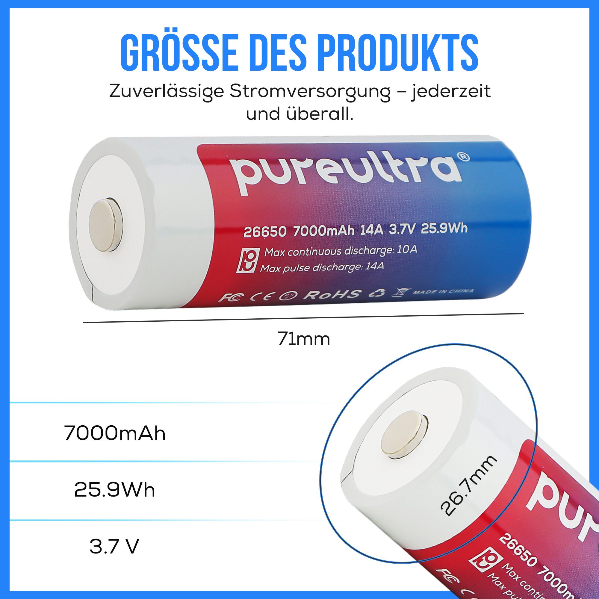 PureUltra 26650 Akku 5000 - 7000mAh High Drain 14A 7000 mAh (3,7 V), Li-Ion Hochleistungsakku mit PCB