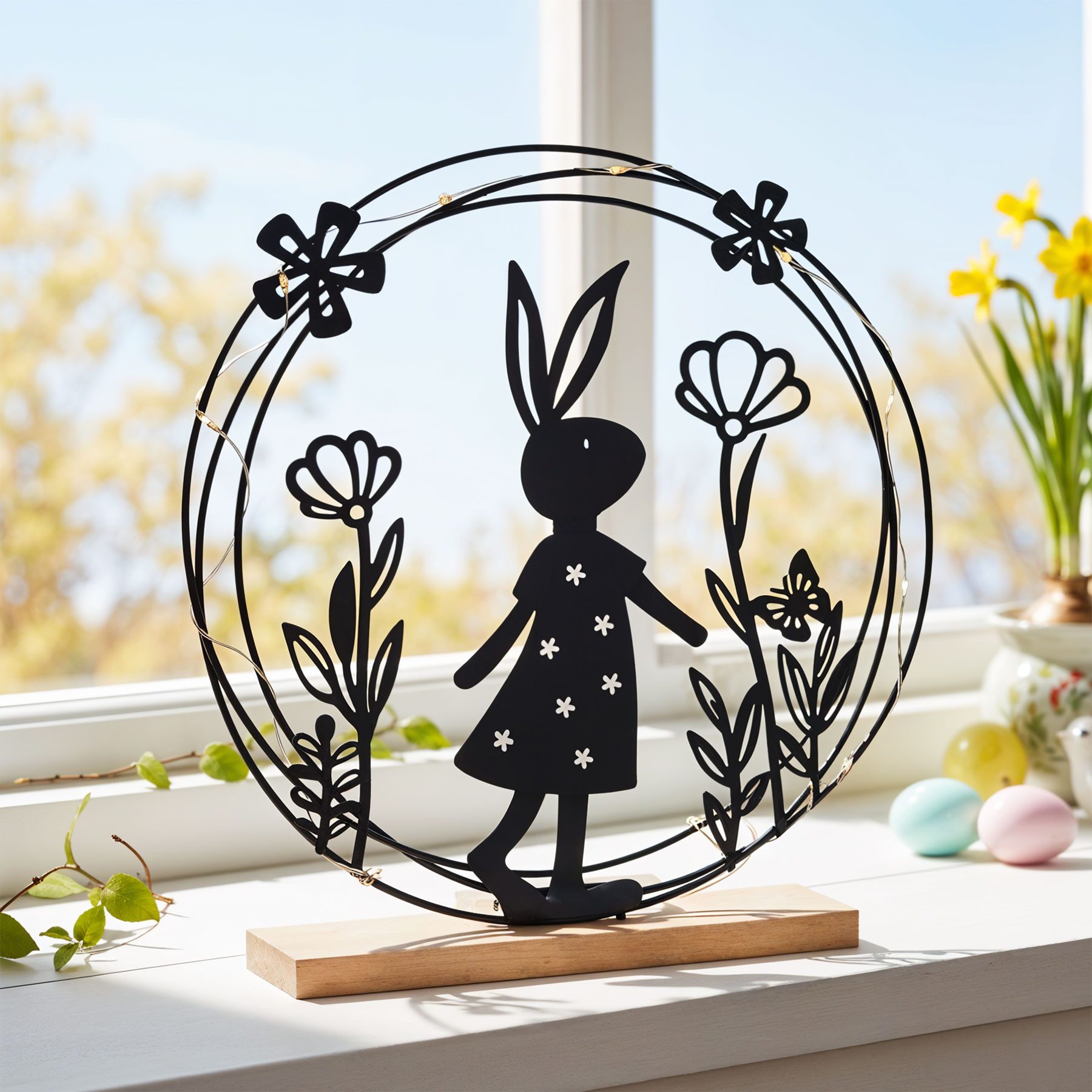 Levandeo® Osterfigur LED Deko Aufsteller Ostern Metall Schwarz Hase Blume MDF Holz Osterdek