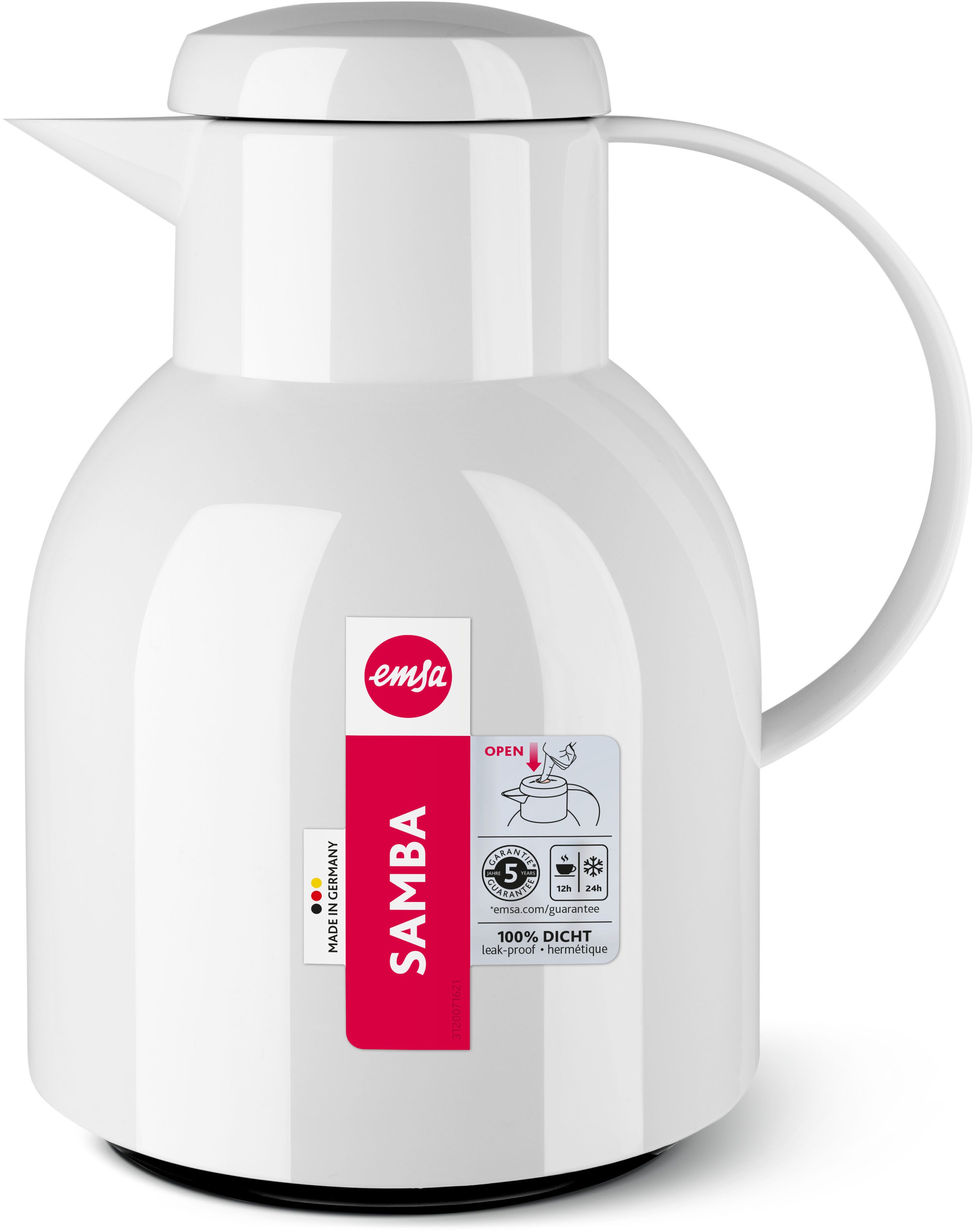 Emsa Isolierkanne Samba, 1 l, zeitloses Design, einfacher Knopfdruck, 24h kalt, 12h warm