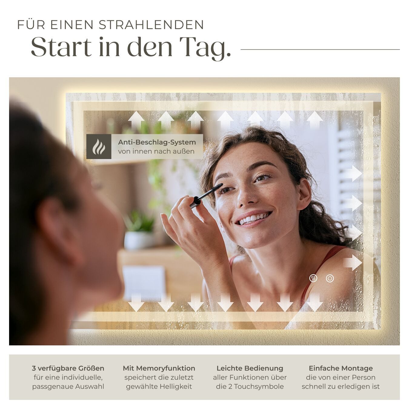 tectake LED-Lichtspiegel Rechteckiger LED Badezimmerspiegel (1-St., 1), Kein Beschlagen dank praktischer Spiegelheizung