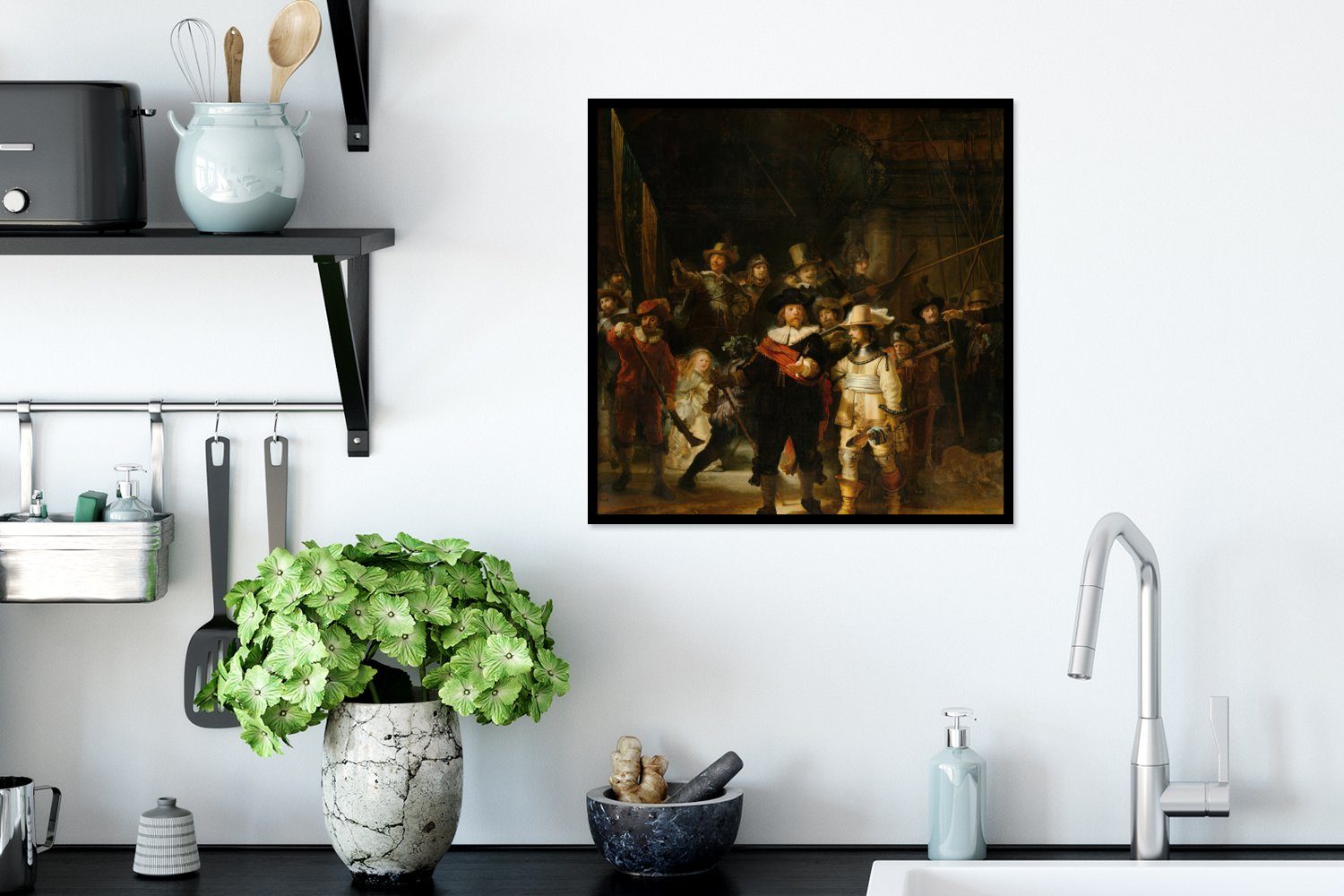 MuchoWow Poster Die Nachtwache - Wandposter, Nachtwache St), Gemälde Bilder, von van Wanddeko, (1 Poster, Bilderrahmen Die Rembrandt Schwarzem Rijn, Gerahmtes