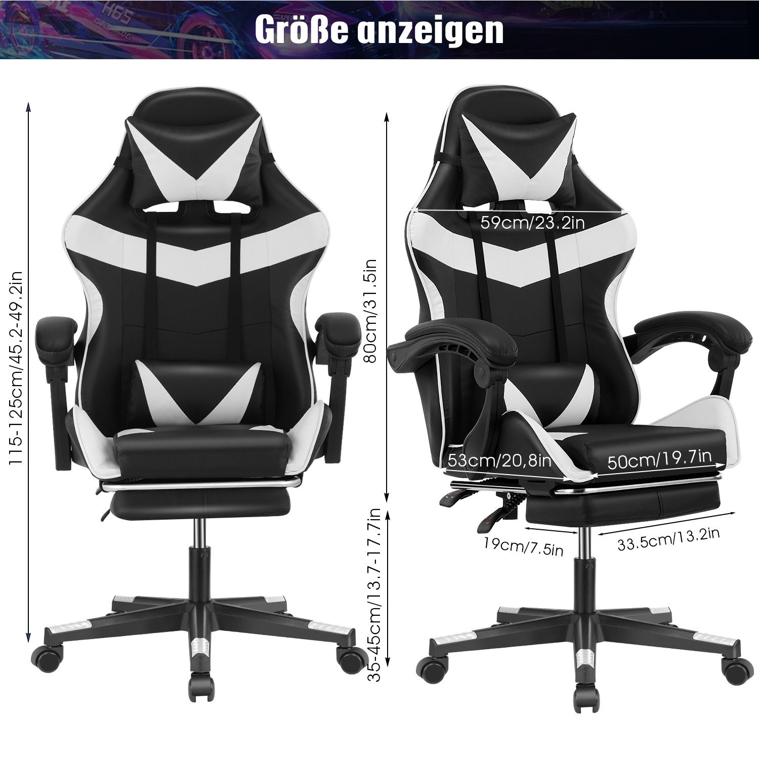 oyajia Gaming-Stuhl Ergonomischer Gaming Sessel mit Fußstütze und Kopfstütze Atmungsaktiv, mit abnehmbarem Kopfkissen, maximale Belastbarkeit 150 kg