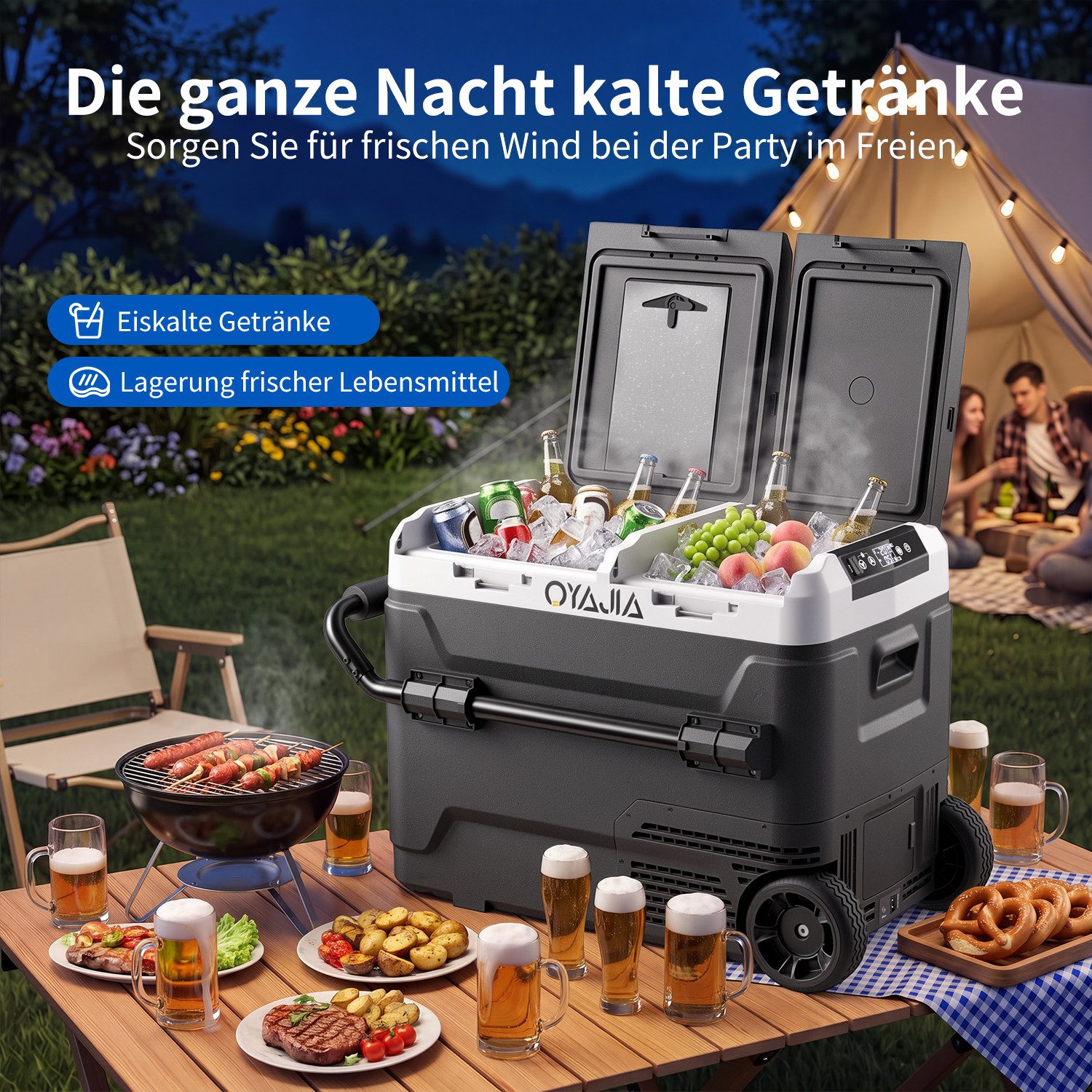 oyajia Elektrische Kühlbox Kompressor Kühlbox mit APP-Steuerung USB-Anschluss,Doppeltür Dualzonen, 55 l, Auto Kühlbox mit Rollen & Griff 12V/24V 100-240V Campin – Bild 2 von 5