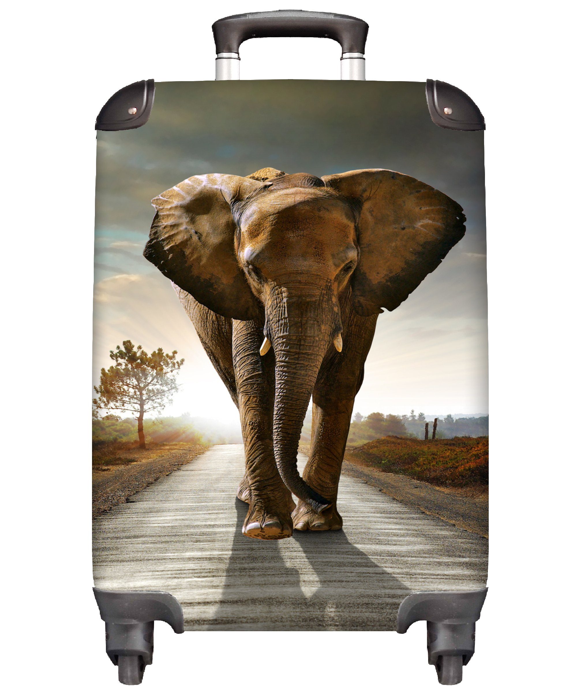 MuchoWow Handgepäckkoffer Elefant - Straße - Tiere - Sonnenuntergang - Landschaft, 4 Rollen, Reisetasche mit rollen, Handgepäck für Ferien, Trolley, Reisekoffer