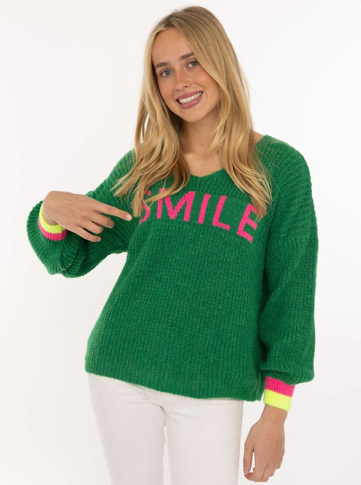 Zwillingsherz Strickpullover "Smile" Langarm, One Size, V-Ausschnitt, Neon-Details, Schriftzug