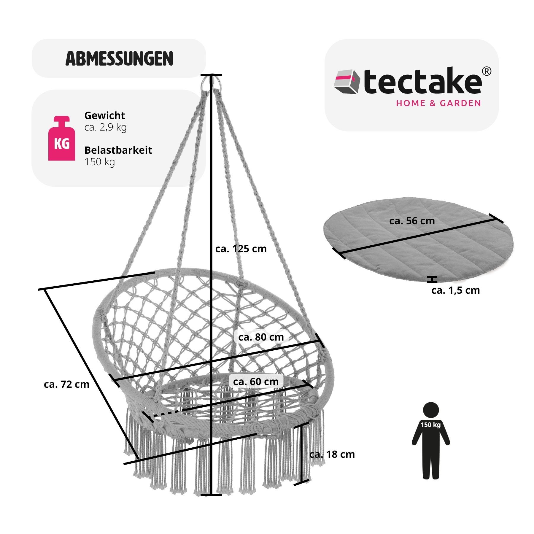 tectake Hängesessel Hängeschaukel mit Sitzpolster, Belastbarkeit 150 kg, 80 x 72 x 125 (Hängestuhl Jane, in Grau), stabil und strapazierfähig für Indoor und Outdoor