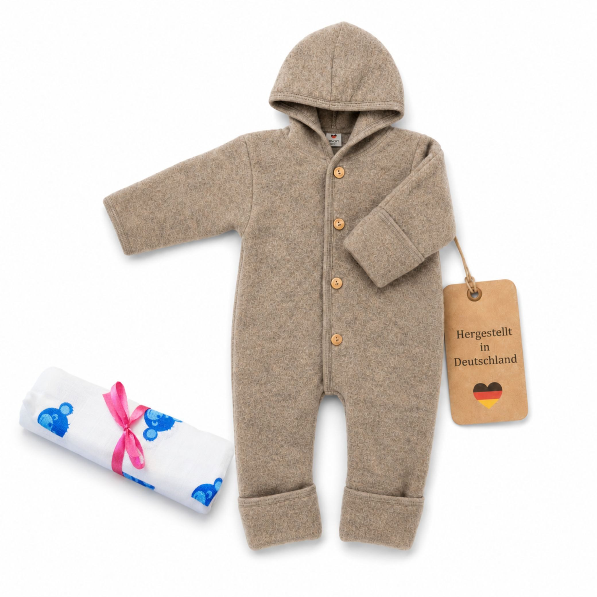 Schlafoverall Baby-Overall mit Kapuze, Holzknöpfen & Mulltuch Blaubaer