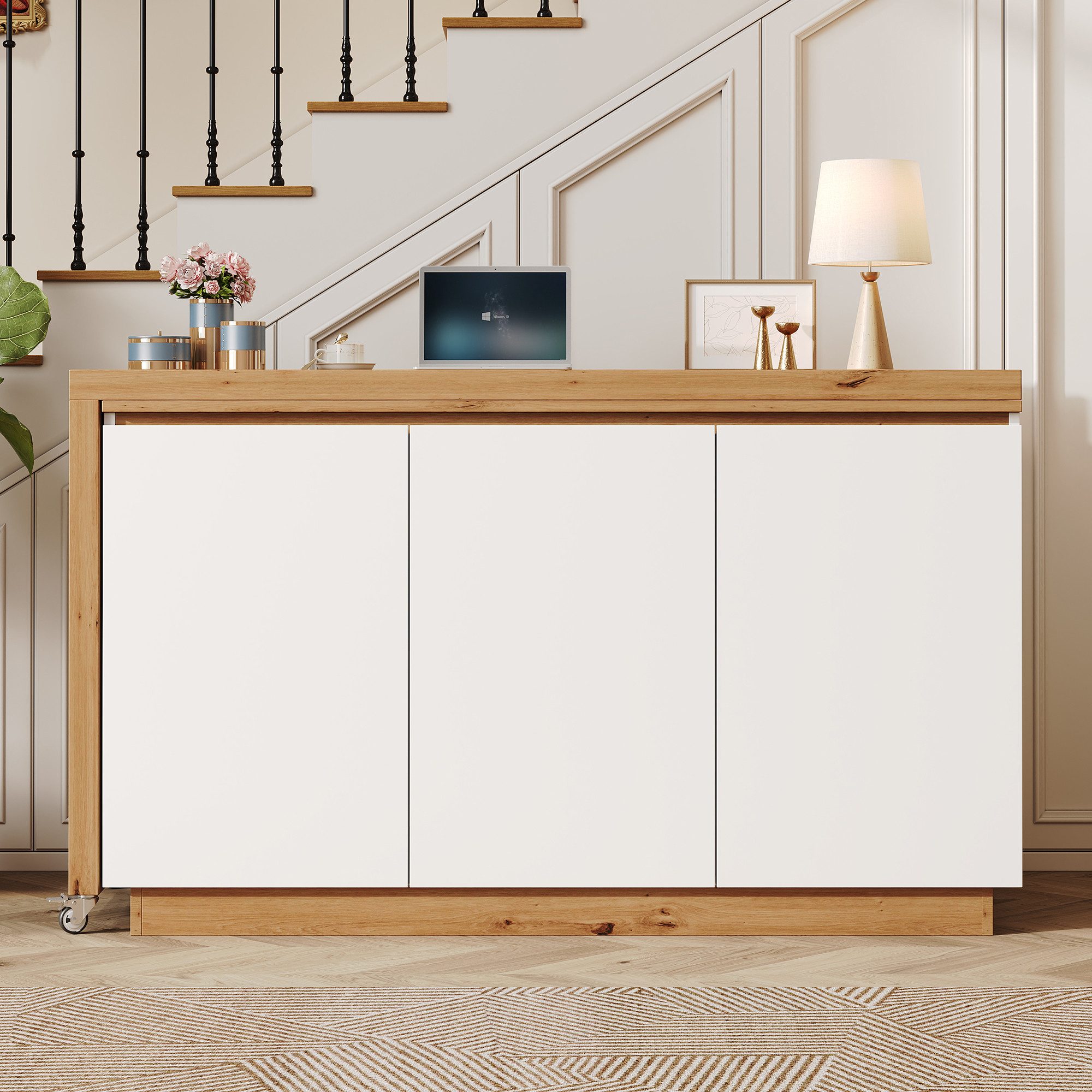 Flieks Schreibtisch 360° drehbar Tisch mit Rollen & Mehrzweckschrank mit 3 Türen (4 cm dickere Tischplatte, 1-St), beweglicher Eckschreibtisch Multifunktionssch – Bild 2 von 5