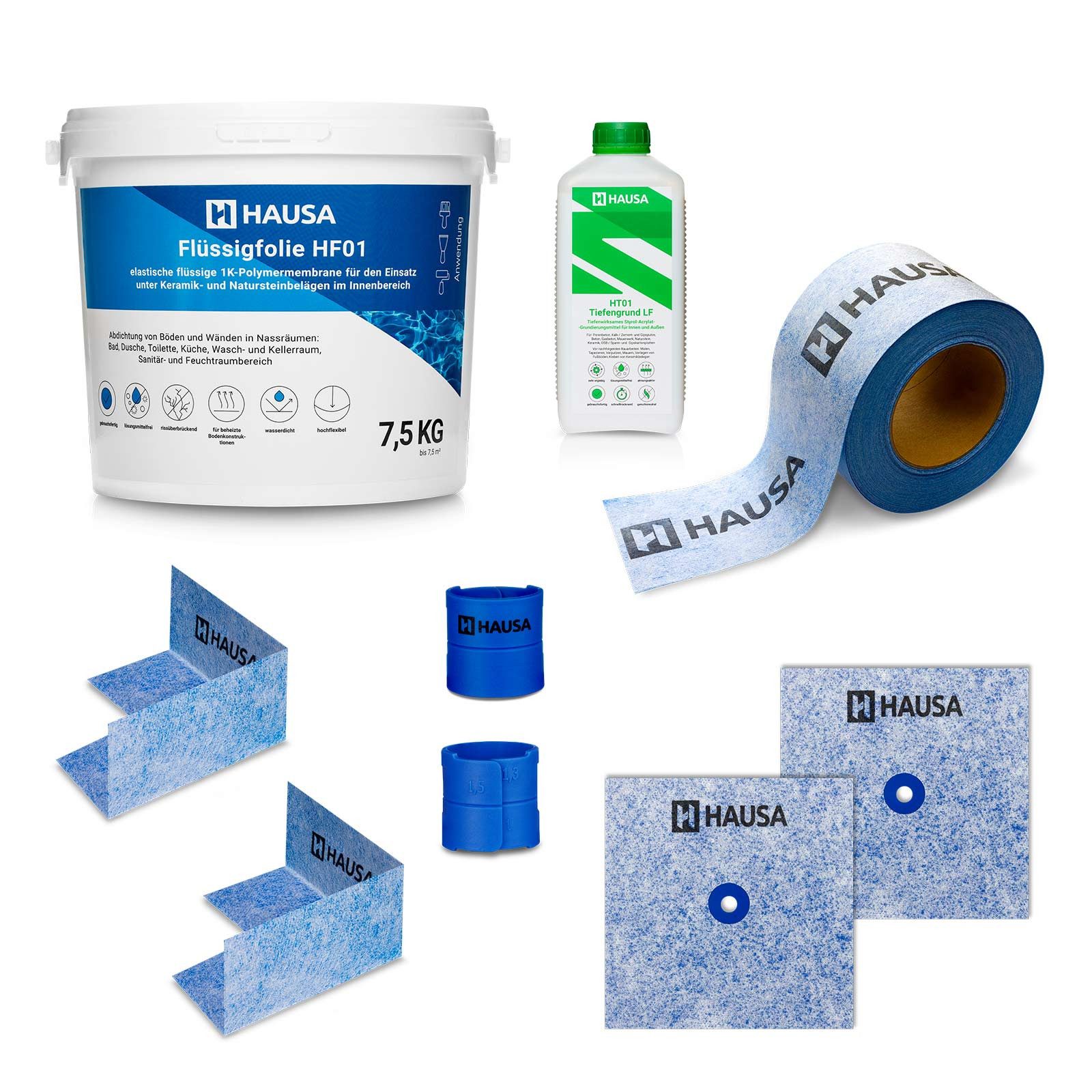 Hausa Bodenfliese Dicht-Set PRO6, wasserfeste Abdichtung unter, blau, 2x Wandmanschette, 2x Billy Click, 7,5kg Flüssigfolie, 1L Tiefengrund, 5m Dichtband, 2x Innenecke