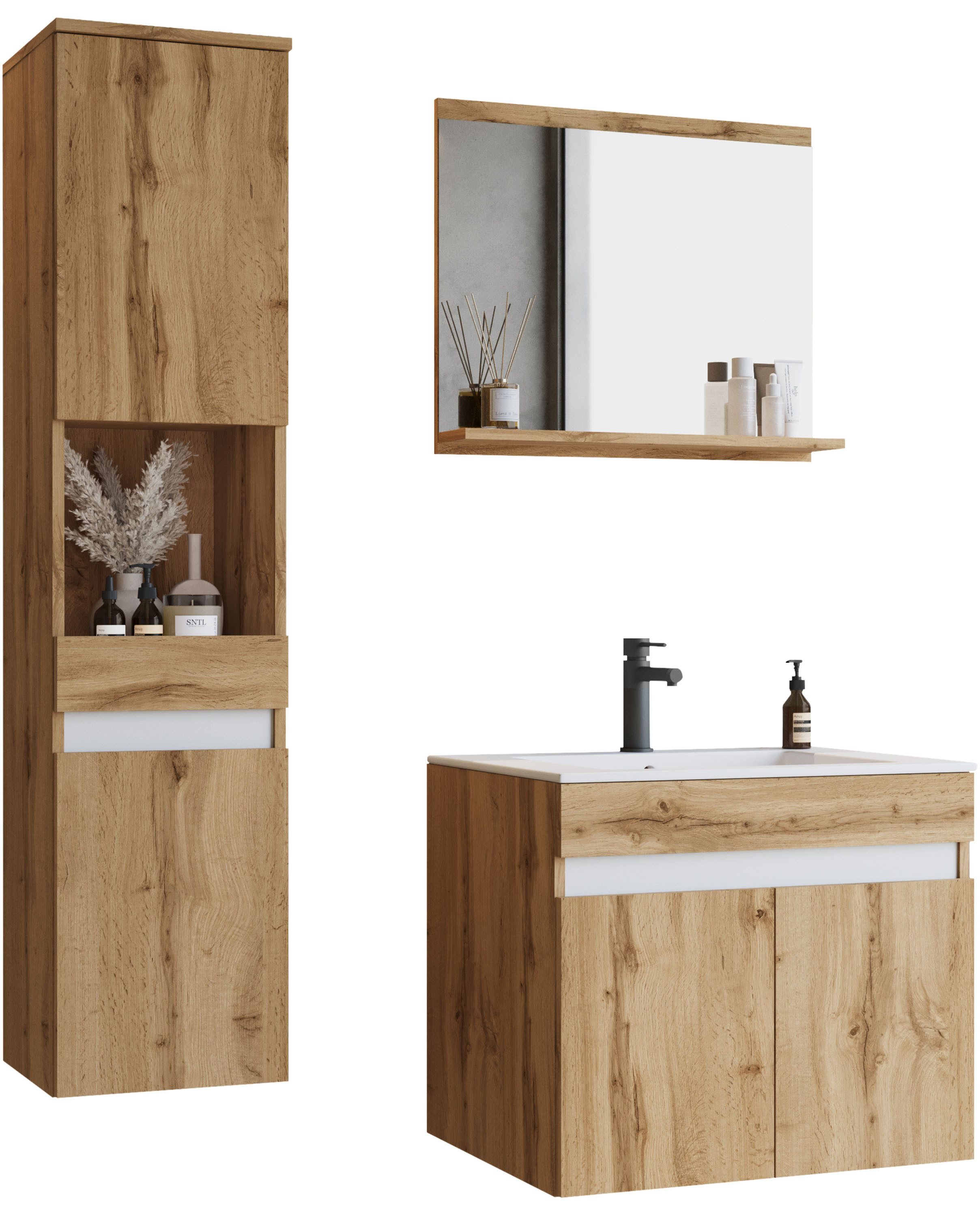 welltime Badmöbel-Set COIN, (Set, 3-St), grifflose Badmöbel-Set, 3 Dekorplatten in verschiedenen Farben