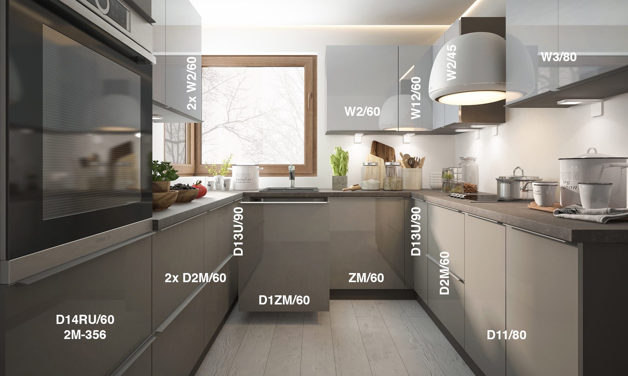 Feldmann-Wohnen Küchenzeile, (Schubladen mit Teilauszug und Soft-Close-Funktion), 270x236x207cm lava matt / signalweiß - quarzgrau hochglanz, 15-teilig
