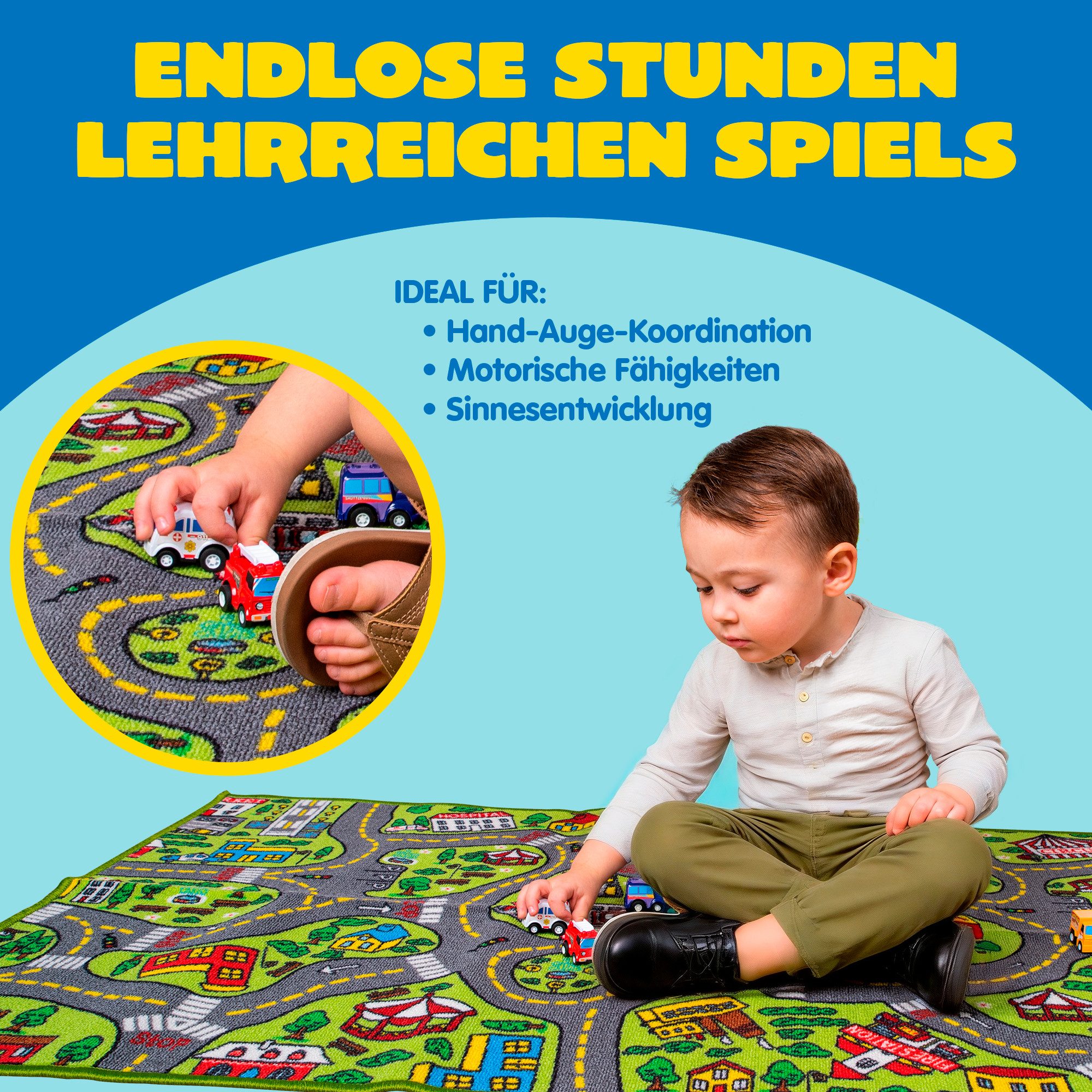 JOYIN Kinderteppich JOYIN Teppich Kinderzimmer 80x150cm mit 12 Mini Auto Spielzeug – Bild 4 von 5