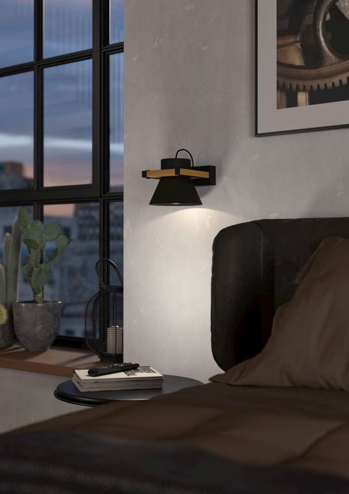 EGLO Wandleuchte MACCLES Wandlampe, Stahl und Holz, Wohnzimmerlampe, Flurlampe, Lampe, ohne Leuchtmittel, aus schwarzem Metall und natürlichem Holz, für Wand und Decke, E27