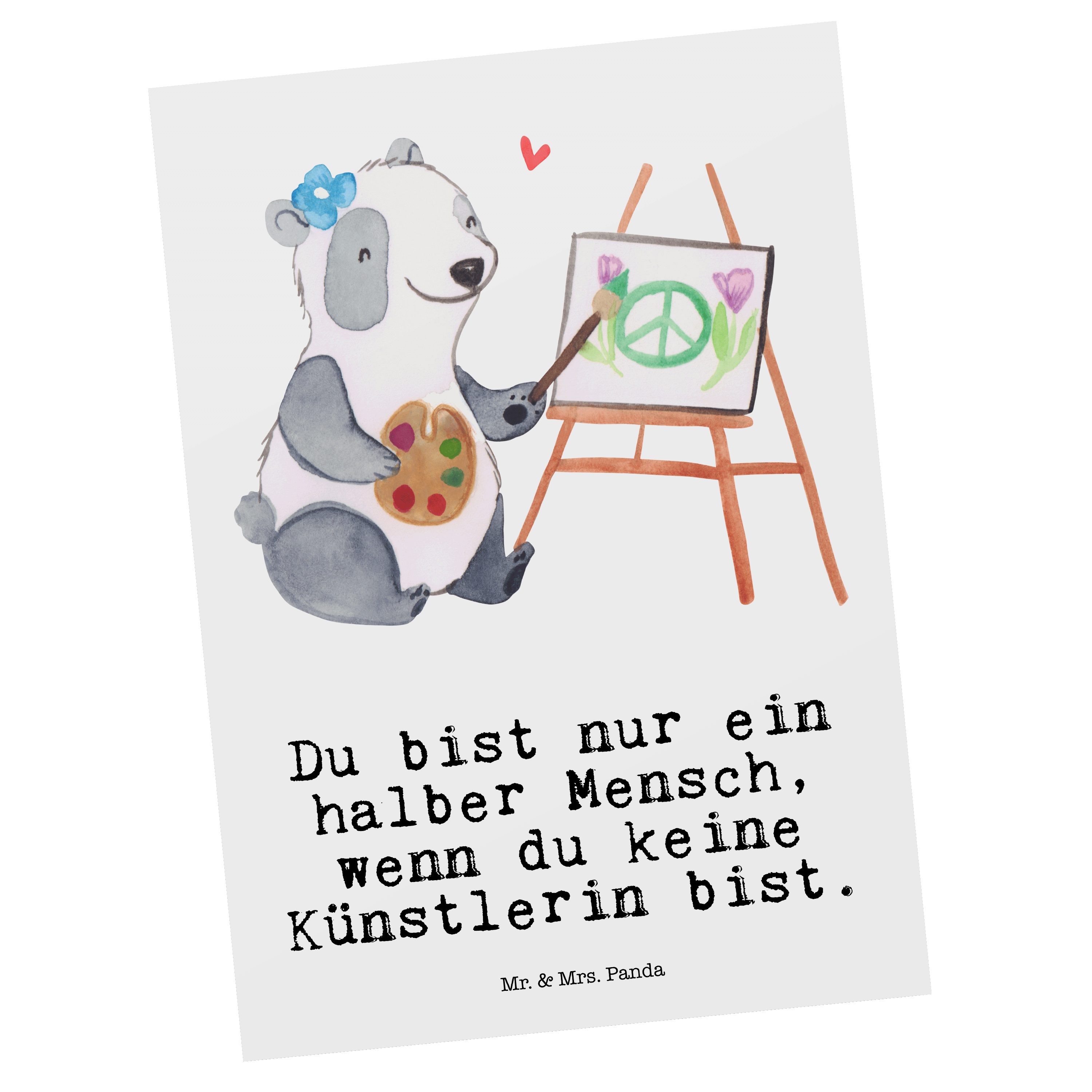 Mr. & Mrs. Panda Postkarte Künstlerin mit Herz - Weiß - Geschenk, Geschenkkarte, Acrylfarben, Re