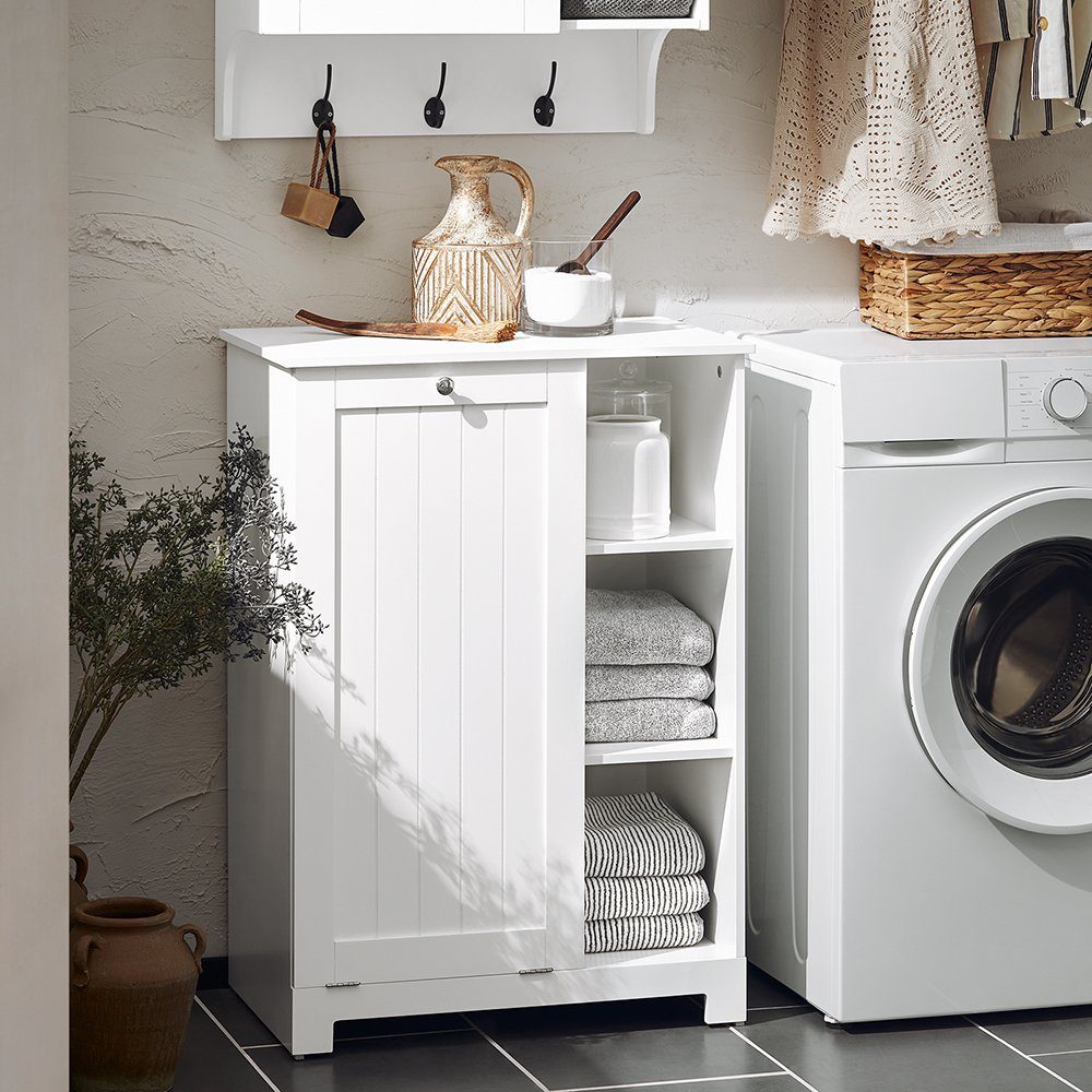SoBuy Wäscheschrank BZR105, Badezimmerschrank Badmöbel, mit 3 Regale Badschrank mit Wäschesack Wäschetruhe Wäschesammler Wäschekorb Weiß – Bild 4 von 5