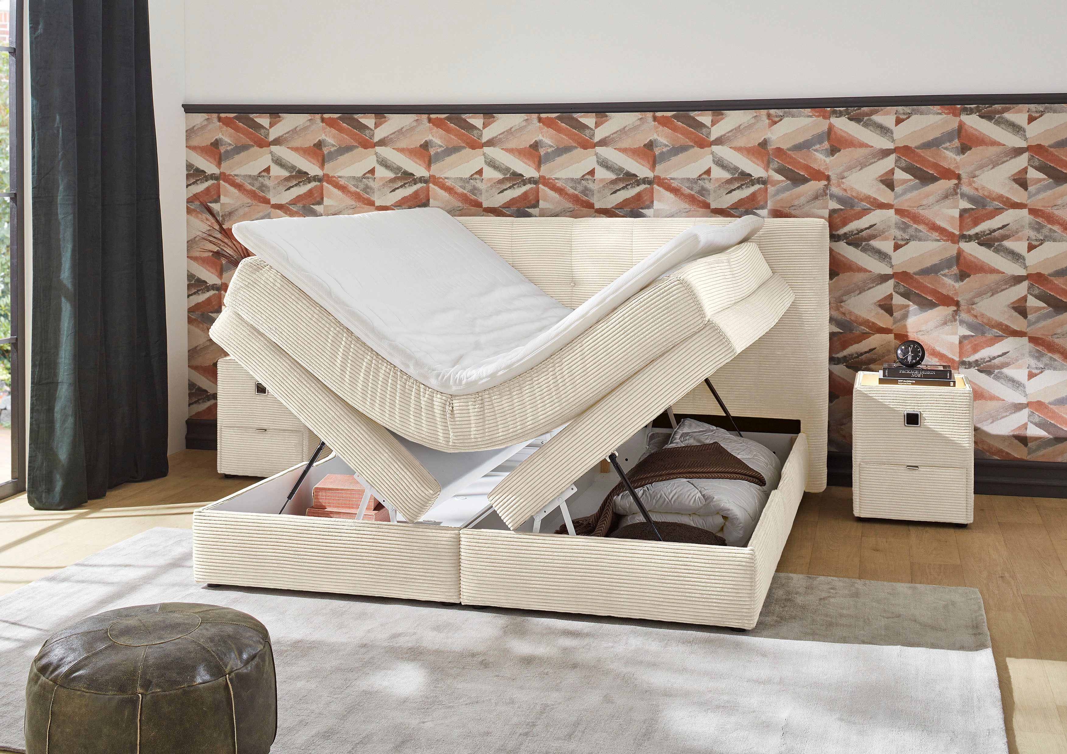 Jockenhöfer Gruppe Boxspringbett AMY in Cord, erhältlich in den Breiten 180cm & 200cm, mit Bettkasten & Kaltschaum-Topper