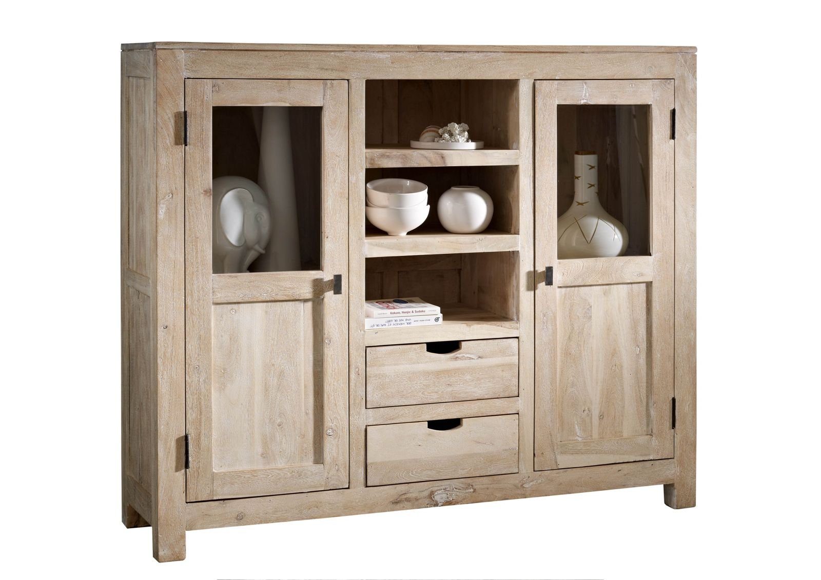 Massivmoebel24 Highboard NATURE WHITE (Massivholz), Highboard Akazie 140x40x120 white stone getüncht  NATURE WHITE #63