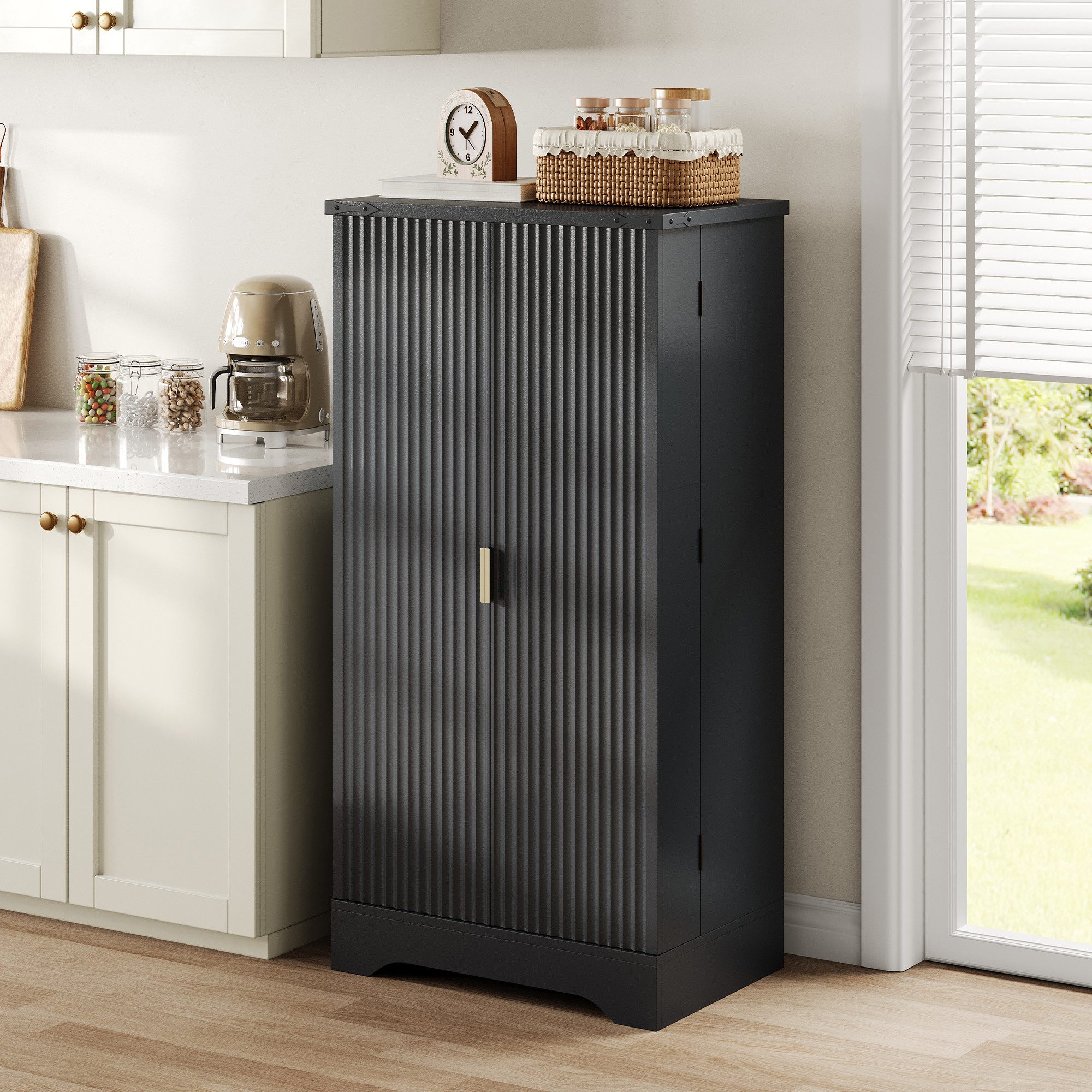 HAUSS SPOLE Highboard mit LED Hochschrank Küchenschrank mit verstellbare Regalböden,Schwarz (20×60,5×40 cm, Holzmaserung-Finish, Doppeltürschrank, vielseitige Aufbewahrung, moderne Türdesigns), verstellbare Einlegeböden, Kippschutz, staubgeschützte Aufbewahrung