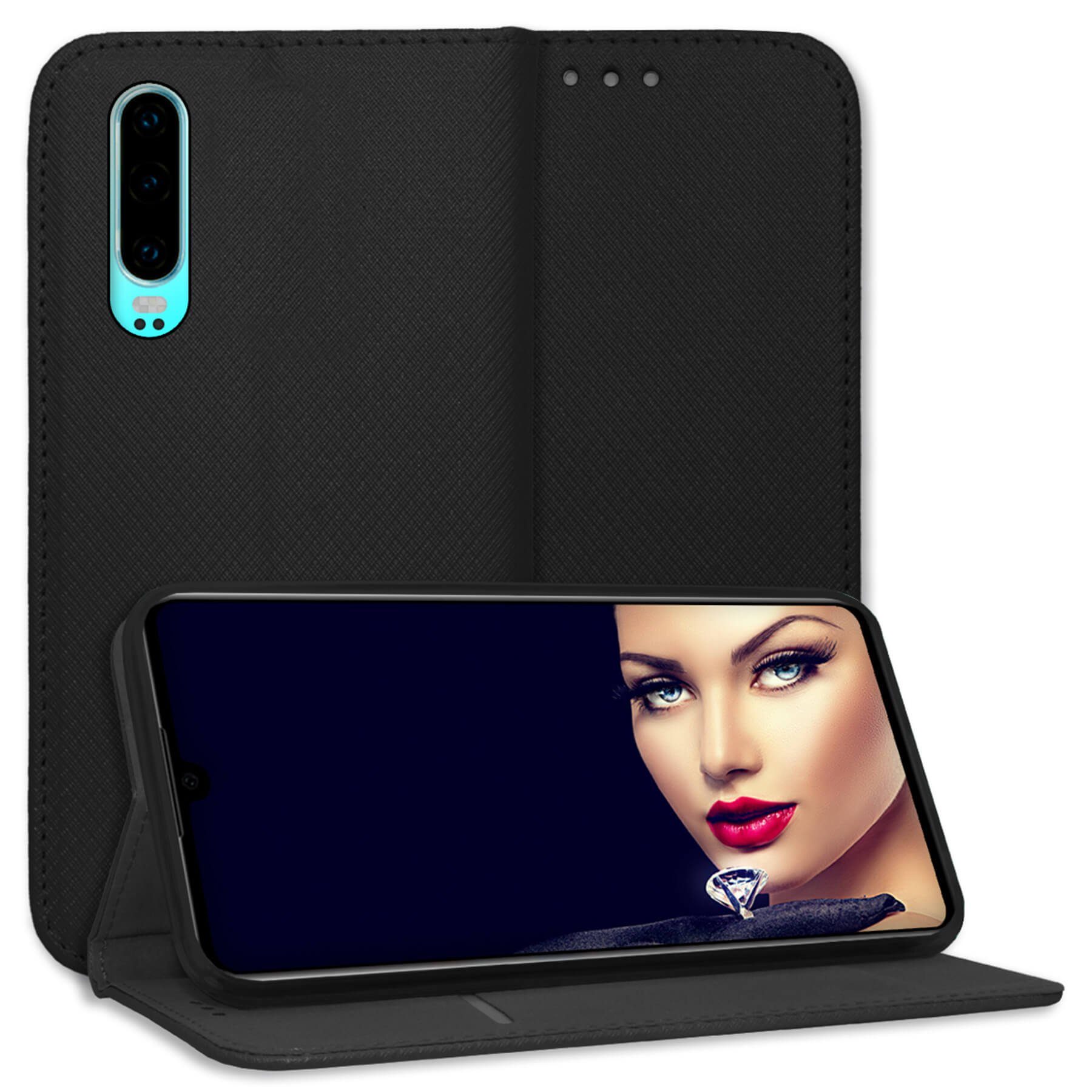 mtb more energy Smartphone-Hülle Smart Magnet für Huawei P30, Schwarz, Bookstyle Klapphülle Cover Wallet Case aus Kunstleder
