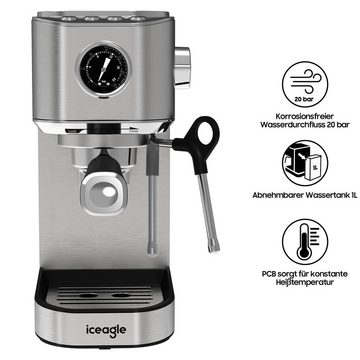 iceagle Espressomaschine CM005 Espressomaschine mit Doppelkesselsystem, 20 Bar, Korbfilter, 1400W,mit Profi-Milchaufschäumer Hochdruckpumpe,mit 1L Wassertank