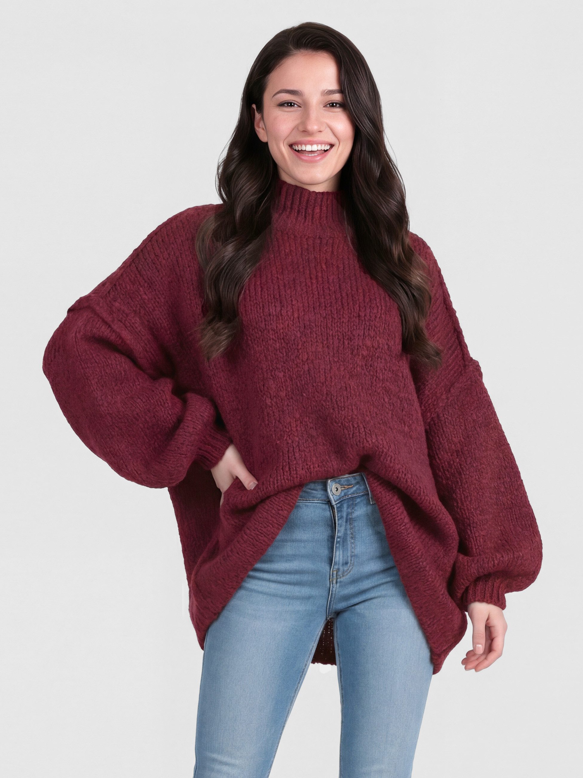 PEKIVESSA Strickpullover Ultra-Oversized Grobstrick-Pullover mit Ziernähten an den Ballonärmeln