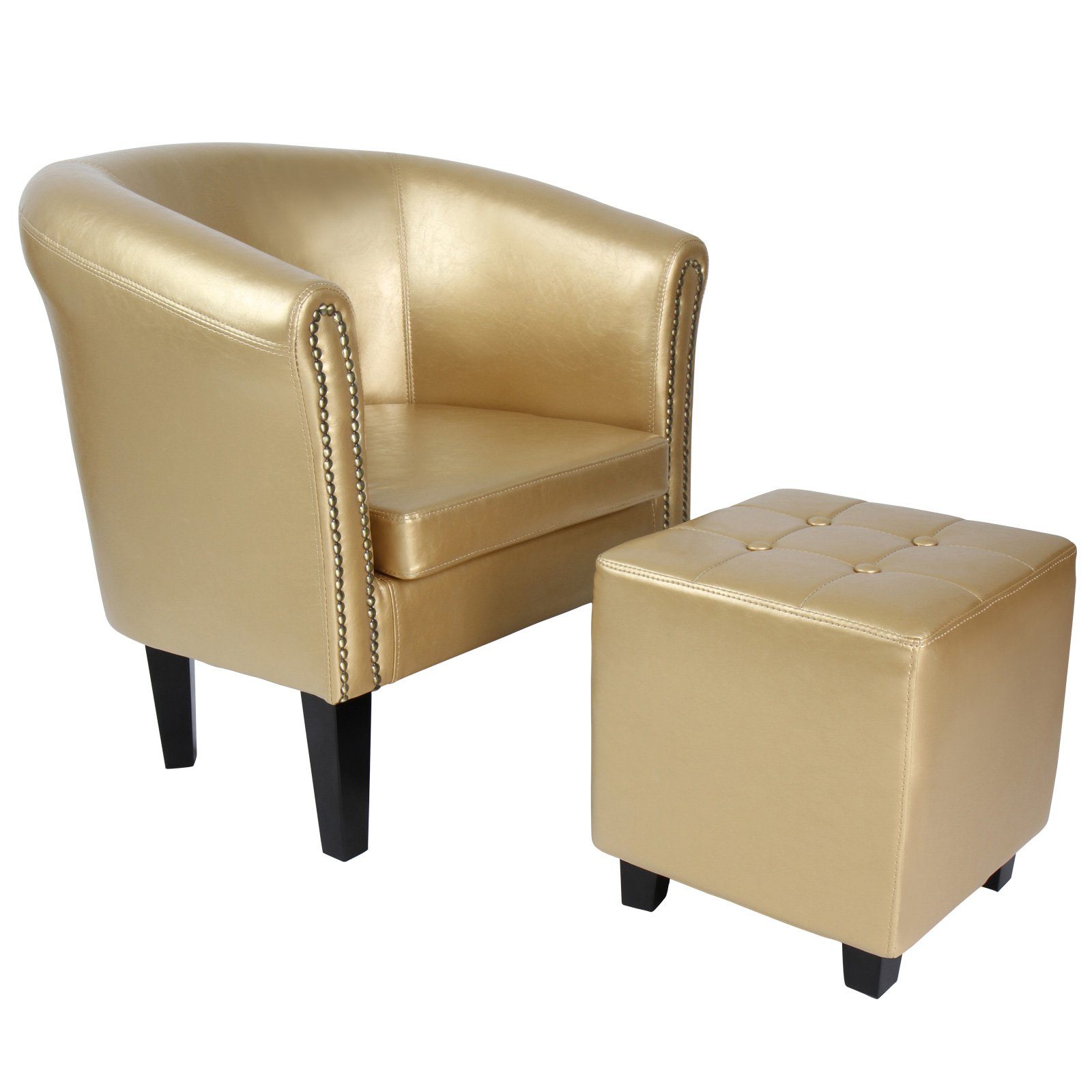 MIADOMODO und Weiß, Gold) Holz Loungesessel mit Kupfernieten, Sitzhocker, Armsessel, - Clubsessel, Möbel Kunstleder, Sessel (Braun, - Chesterfield-Sessel inkl. Hocker Chesterfield aus Farbwahl Cocktailsessel, Wohnzimmer