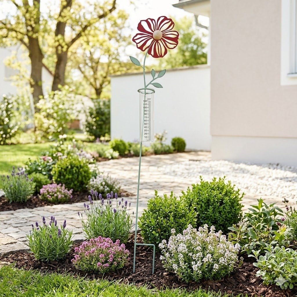 Holzwurm GmbH Dekorativer Regenmesser „Rote Blume“ – Ein Blickfang für Ihren Garten Regenmesser (Regenmesser Blume rot, inkl. Glas)