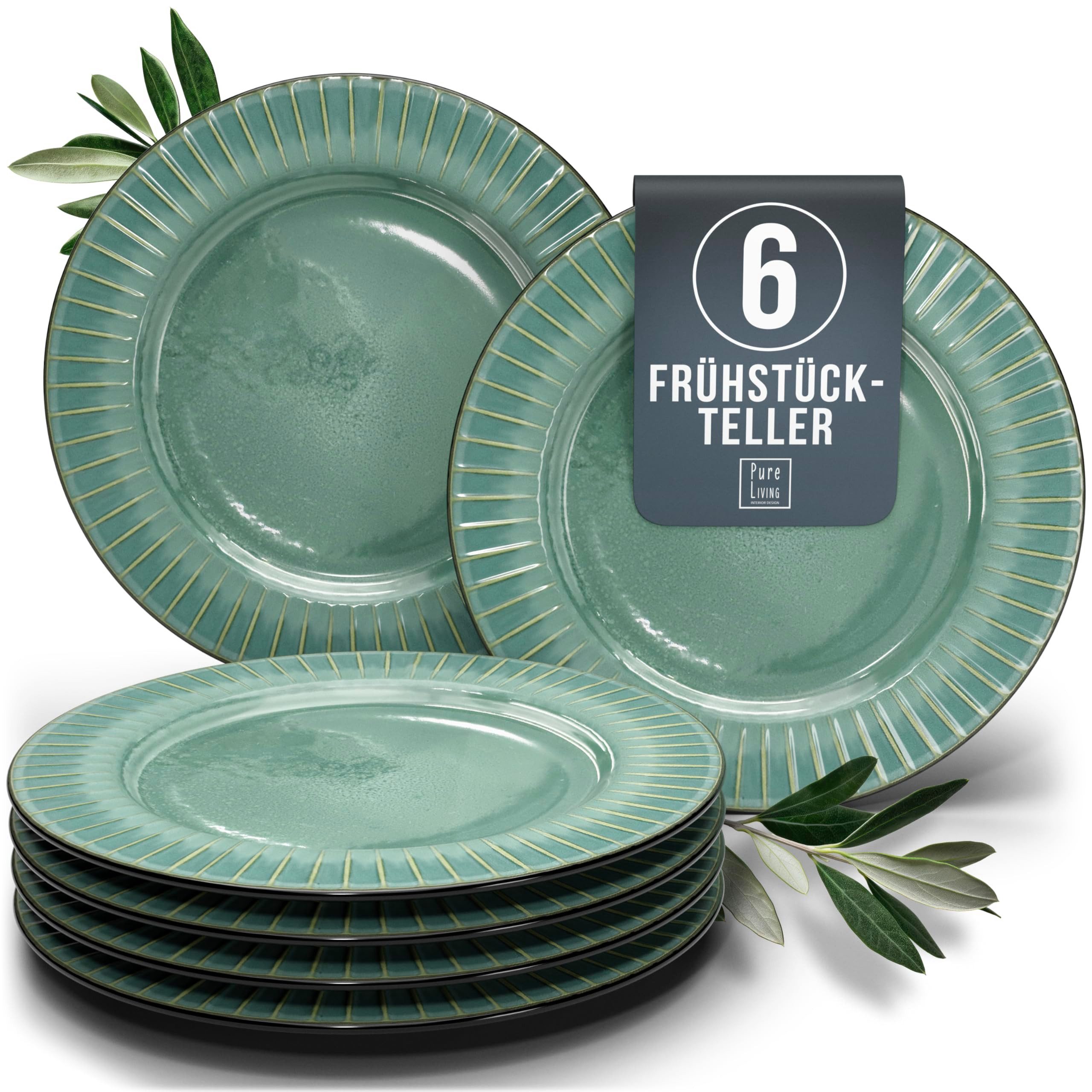PURE LIVING INTERIOR DESIGN Geschirr-Set Pure Living Dessertteller 6er 20cm »Ribbed«, Steingut, Grün, 6 Personen, Steingut, Mediterrane Handwerksoptik, Reaktive Glasur – jedes Stück einzigartig…