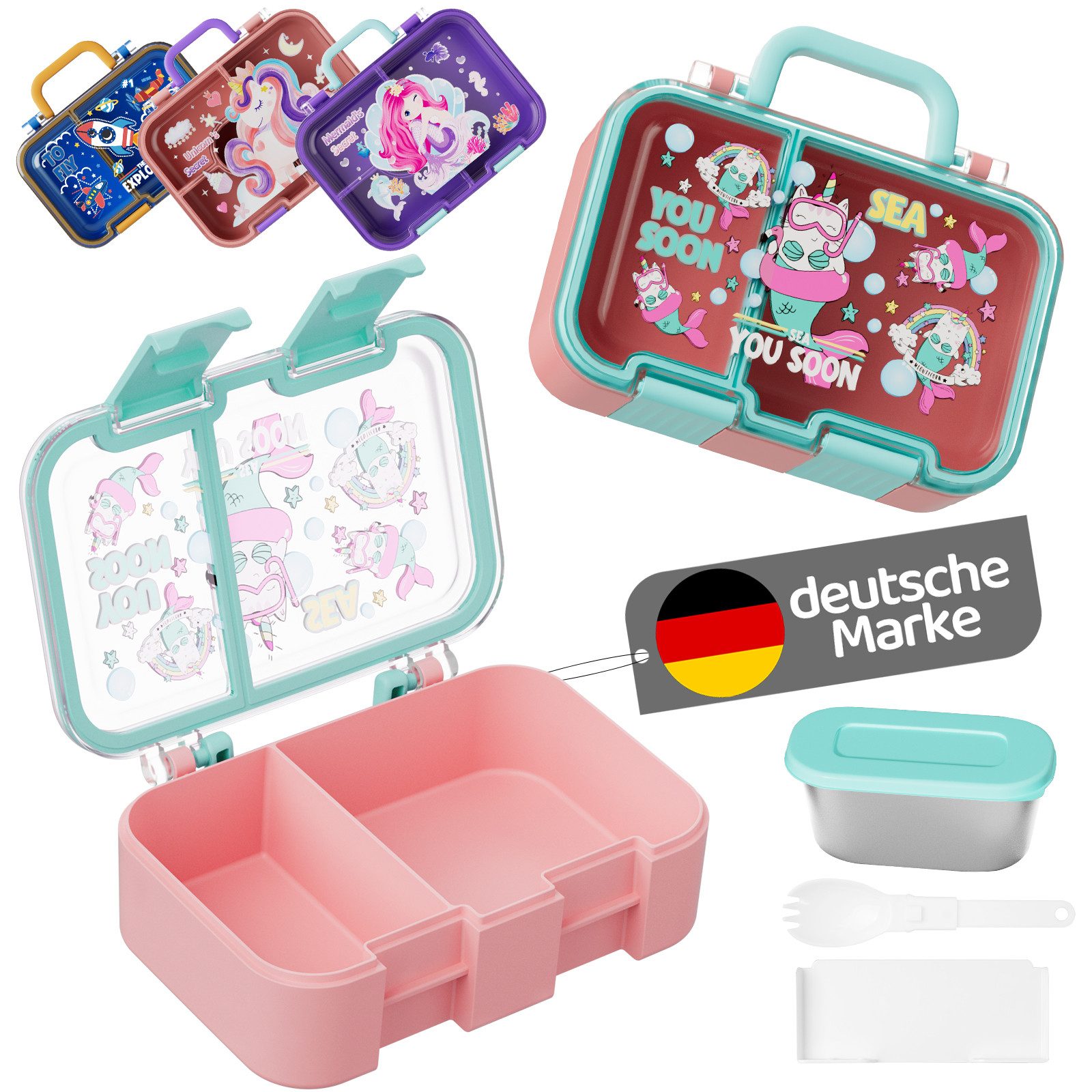 Bundviel Lunchbox Lunchbox Brotdose Kinder mit Fächern Auslaufsichere Bento-Box Brotdose, PP+ABS, (4-tlg., mit Saucenbehälter), spülmaschinenfest, kühlschrankgeeignet und mikrowellenfest