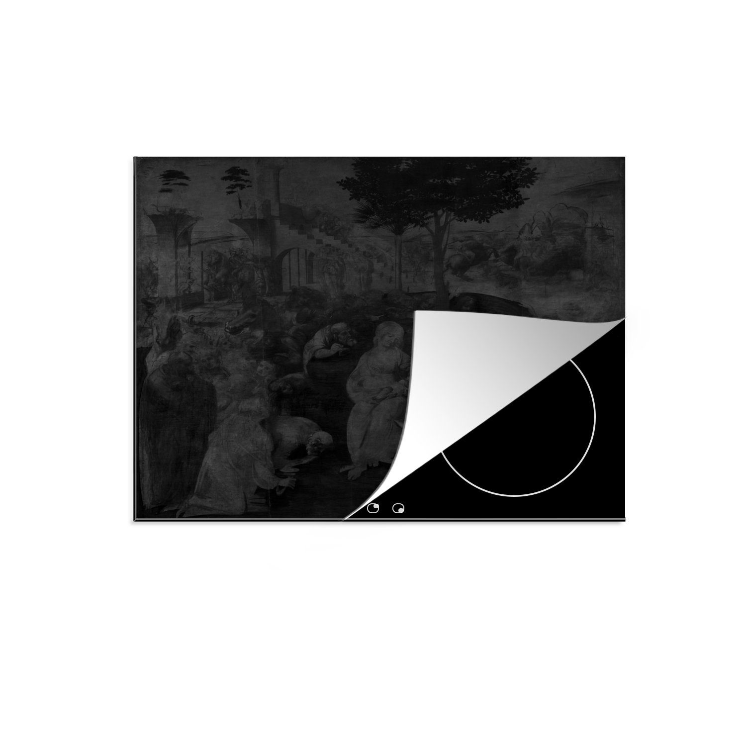 MuchoWow Herdblende-/Abdeckplatte Anbetung der Könige - Leonardo da Vinci, Vinyl, (1 tlg), 60x52 cm, Mobile Arbeitsfläche nutzbar, Ceranfeldabdeckung