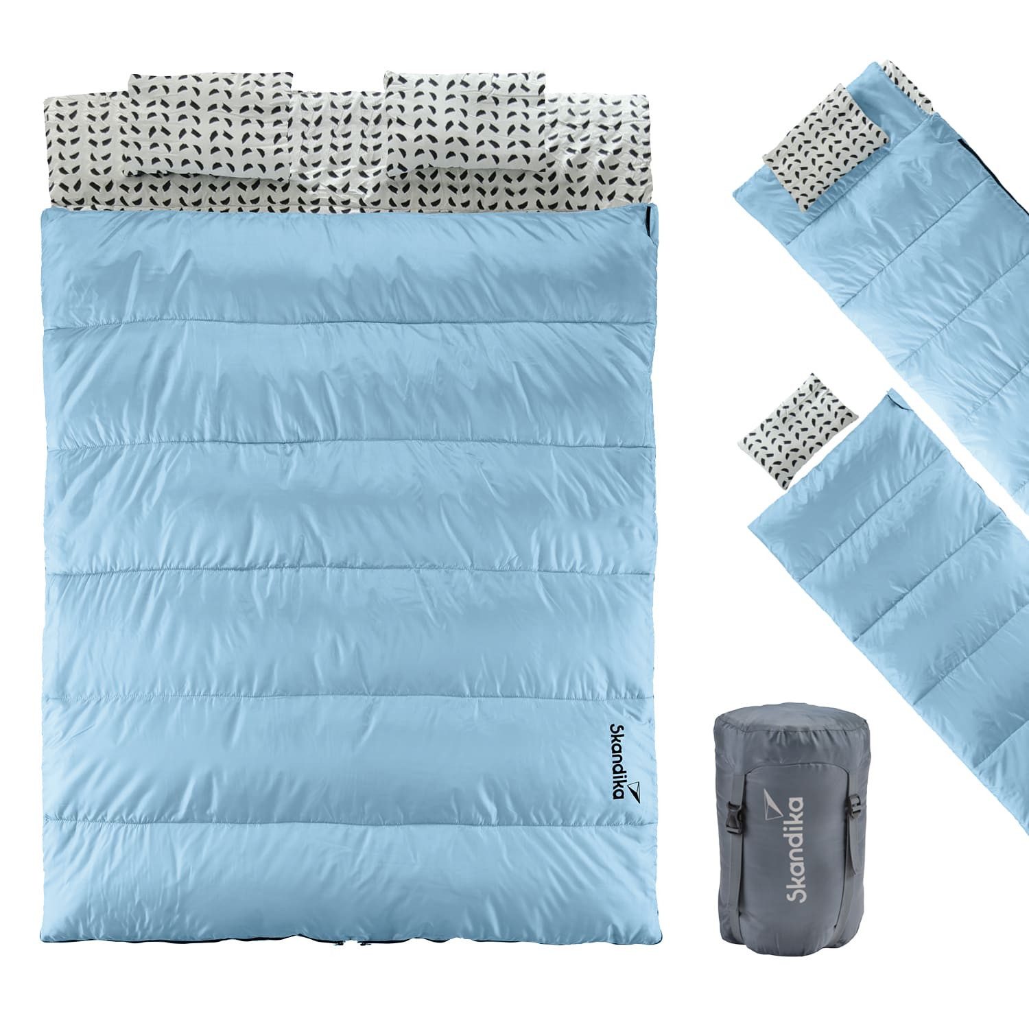 Skandika Schlafsack Iceland Double, 220 x 150 cm, als Einzelschlafsack nutzbar (2-Wege-Reißverschluss mit Kälteschutz, Stoffsteg, Webbandklemmschutz), Baumwolle, Kissen, Deckenschlafsack/Familienschlafsack