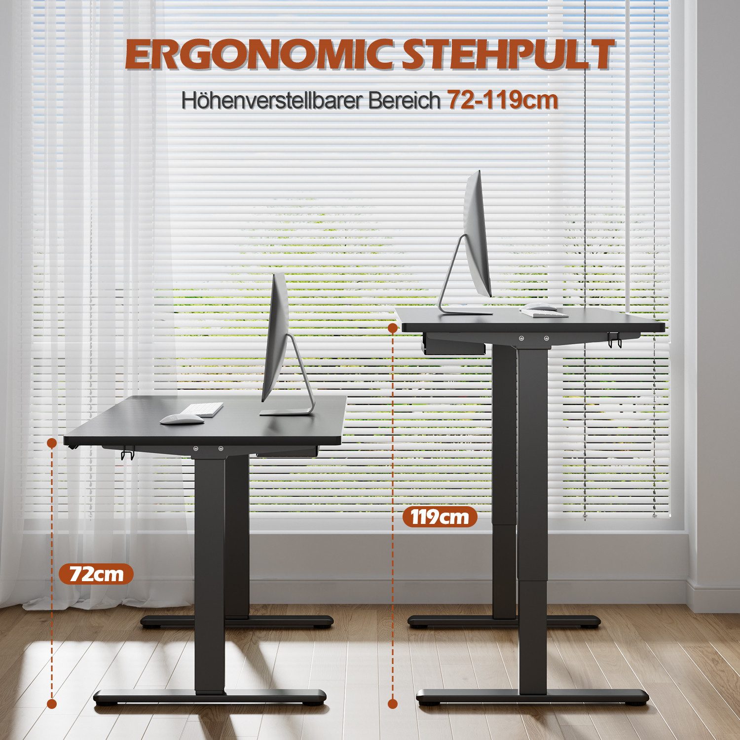 Furnicopia Schreibtisch Höhenverstellbar mit einer 25 mm dicken einteiligen Tischplatte (4-fache Höhenspeicherfunktion, Zweimotorantrieb und Tragfähigkeit über  – Bild 4 von 5
