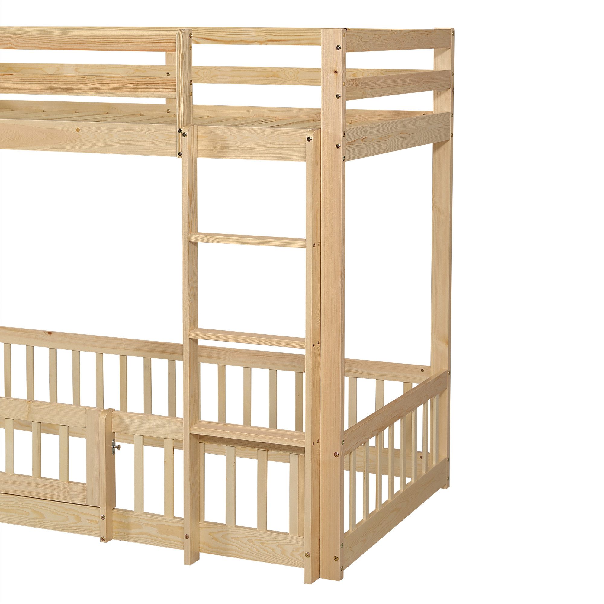 Flieks Etagenbett (mit rechtwinkliger Leiter, Zäune und Tür), Hochbett Kiefernholz Kinderbett mit oberem Lattenrost 90*200cm