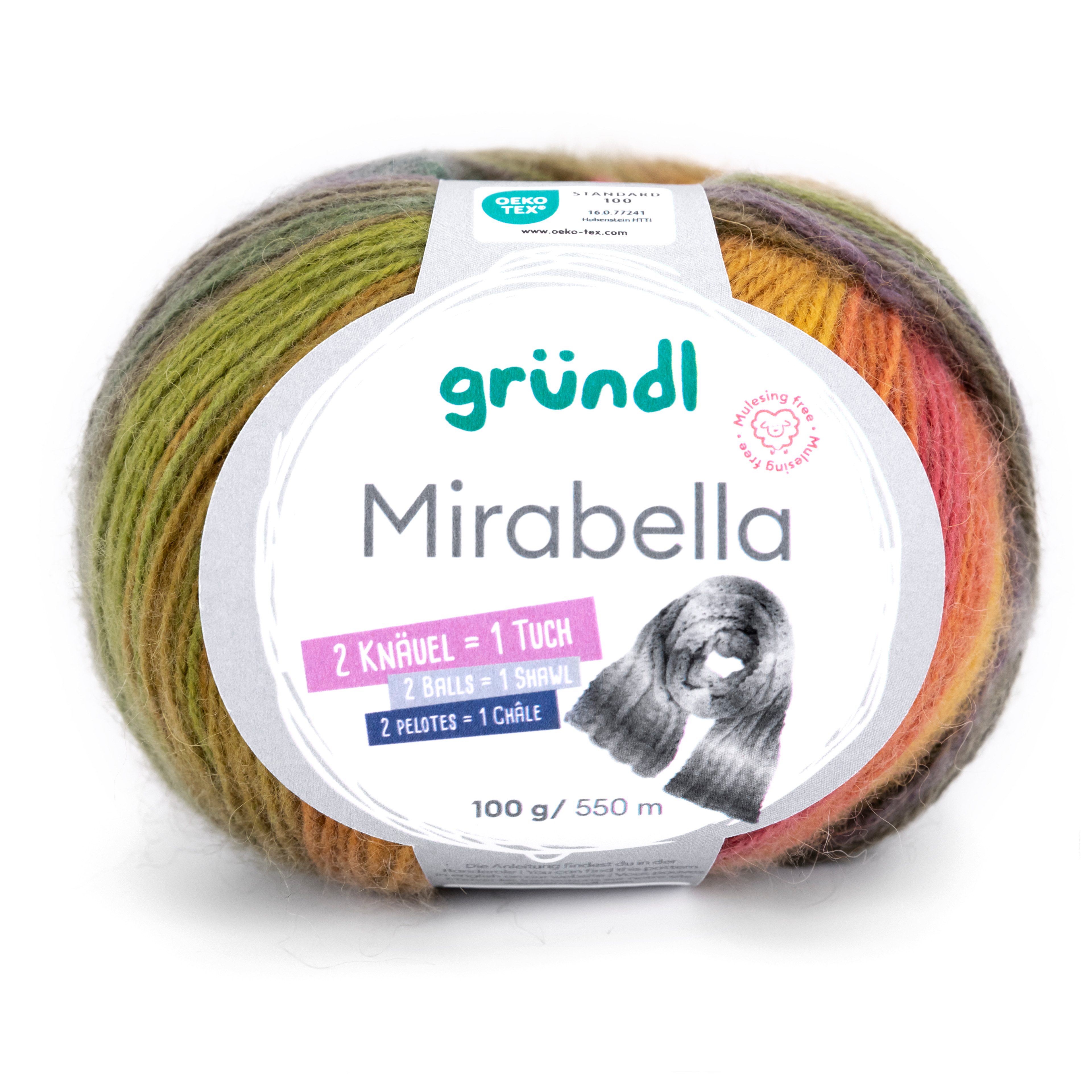 Gründl Wolle Mirabella Farbverlaufsgarn mit Anleitung Häkelwolle, 550,00 m (Wolle Farbverlaufswolle zum Stricken und Häkeln, Strickwolle, Strickgarn, Handstrickgarn), 80% Polyacryl, 20% Wolle