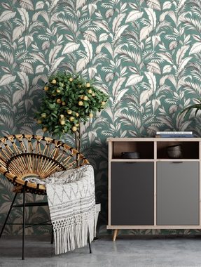 Newroom Vliestapete, Grün Tapete Tropisch Dschungel - Dschungeltapete Grafisch Grau Floral Modern Blätter Blumen für Wohnzimmer Schlafzimmer Küche