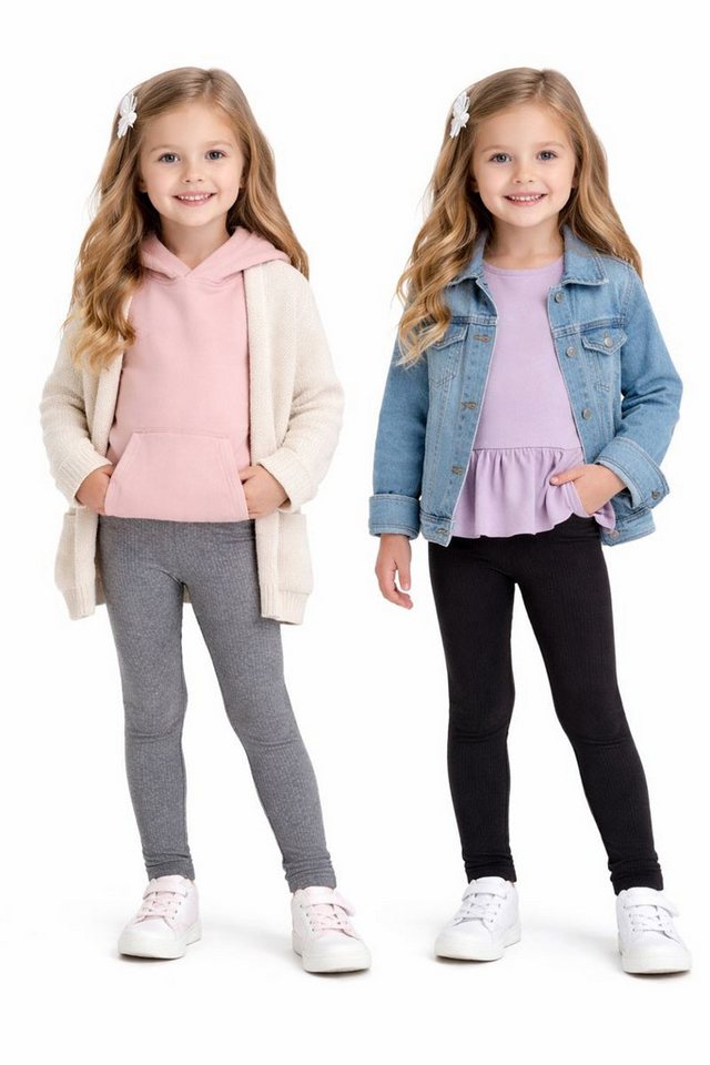 Girls Fashion Thermoleggings 2er Pack Mädchen Thermo Leggings Rippoptik warm Winter Kinder M600e (Spar-Set, 2er-Pack)