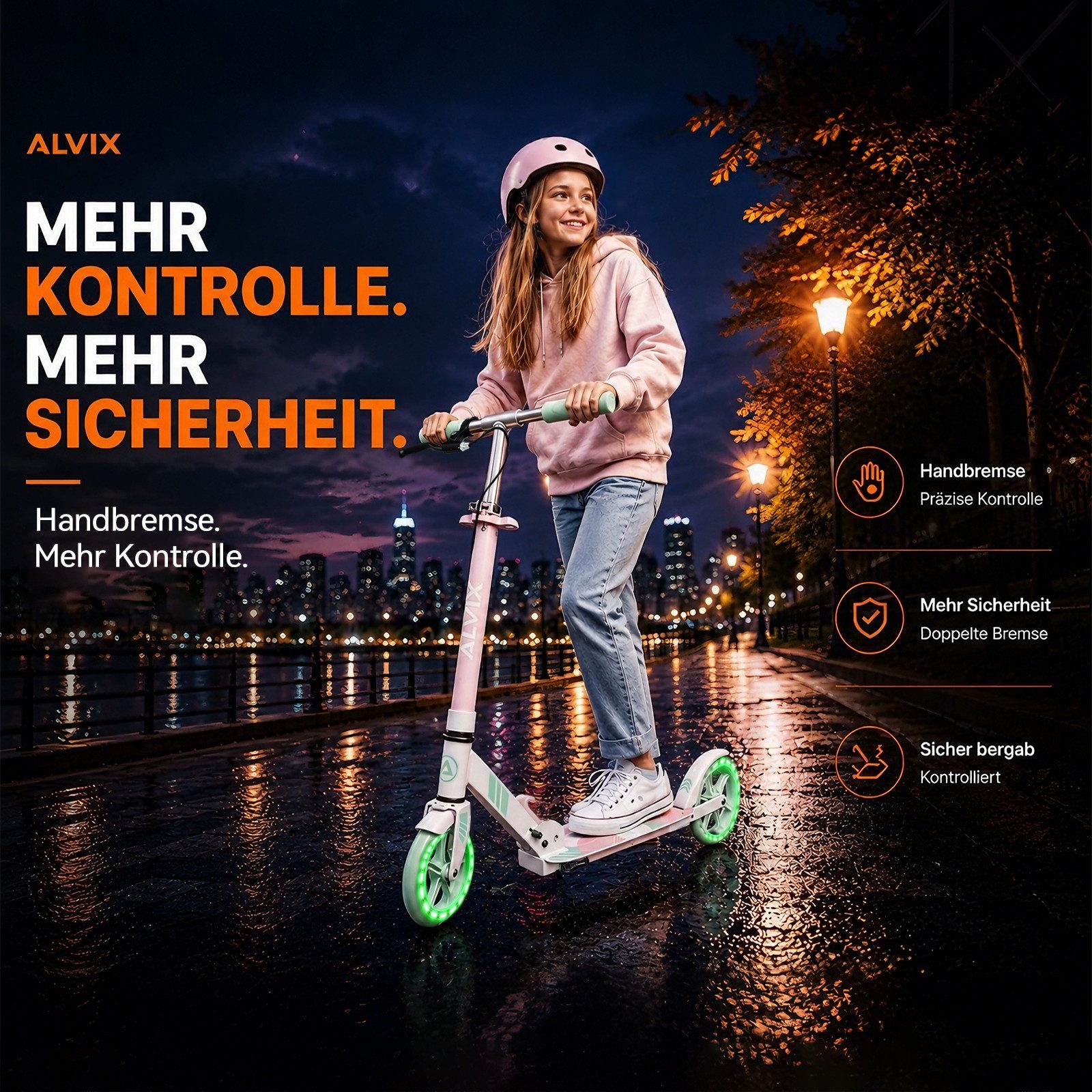 ALVIX Cityroller Kinderroller K-Serie mit Handbremse, (Einzelartikel, 1 Scooter, 1 Tragegurt, 1 Bedienungsanleitung), 200-mm-LED-Räder, breites 120-mm-Deck, faltbar, Tragegurt