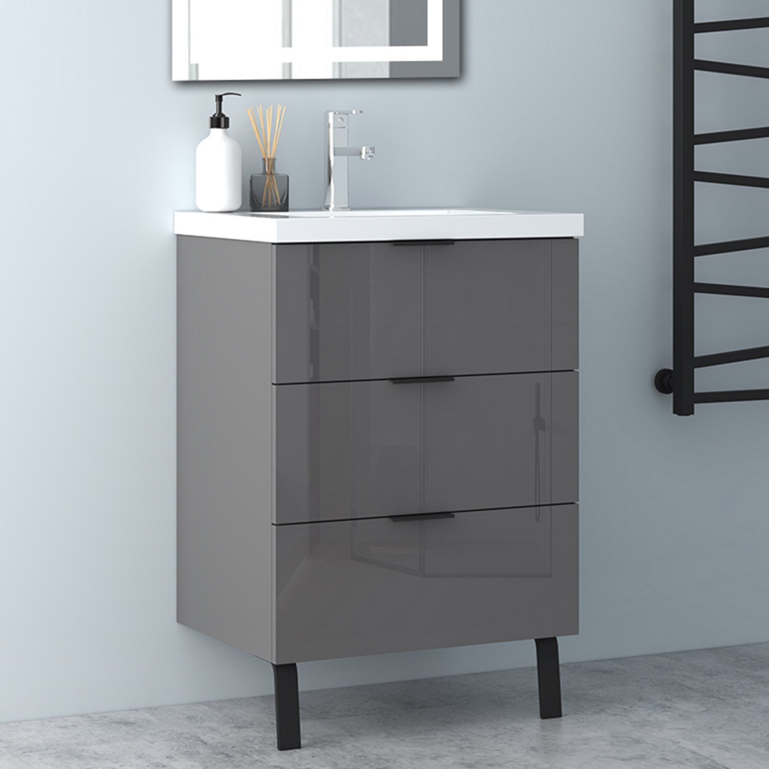 Aica Sanitär Waschtisch Badezimmerschrank Waschbecken mit Unterschrank Badmöbel Badschrank (Hängeschrank, mit Schrankfüße), 3 Schubladen mit Soft-Close Funktion, Waschbecken mit überlauf