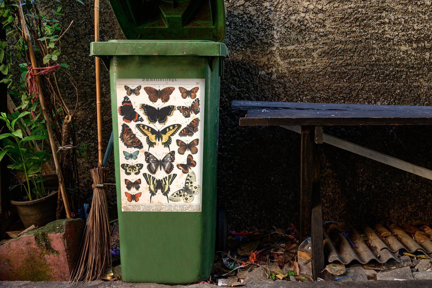 Zeichnung Mülltonne, Antiquitäten - - Mülleimer-aufkleber, (1 - Wandsticker Schmetterlinge Abfalbehälter Container, Insekten St), Sticker, MuchoWow