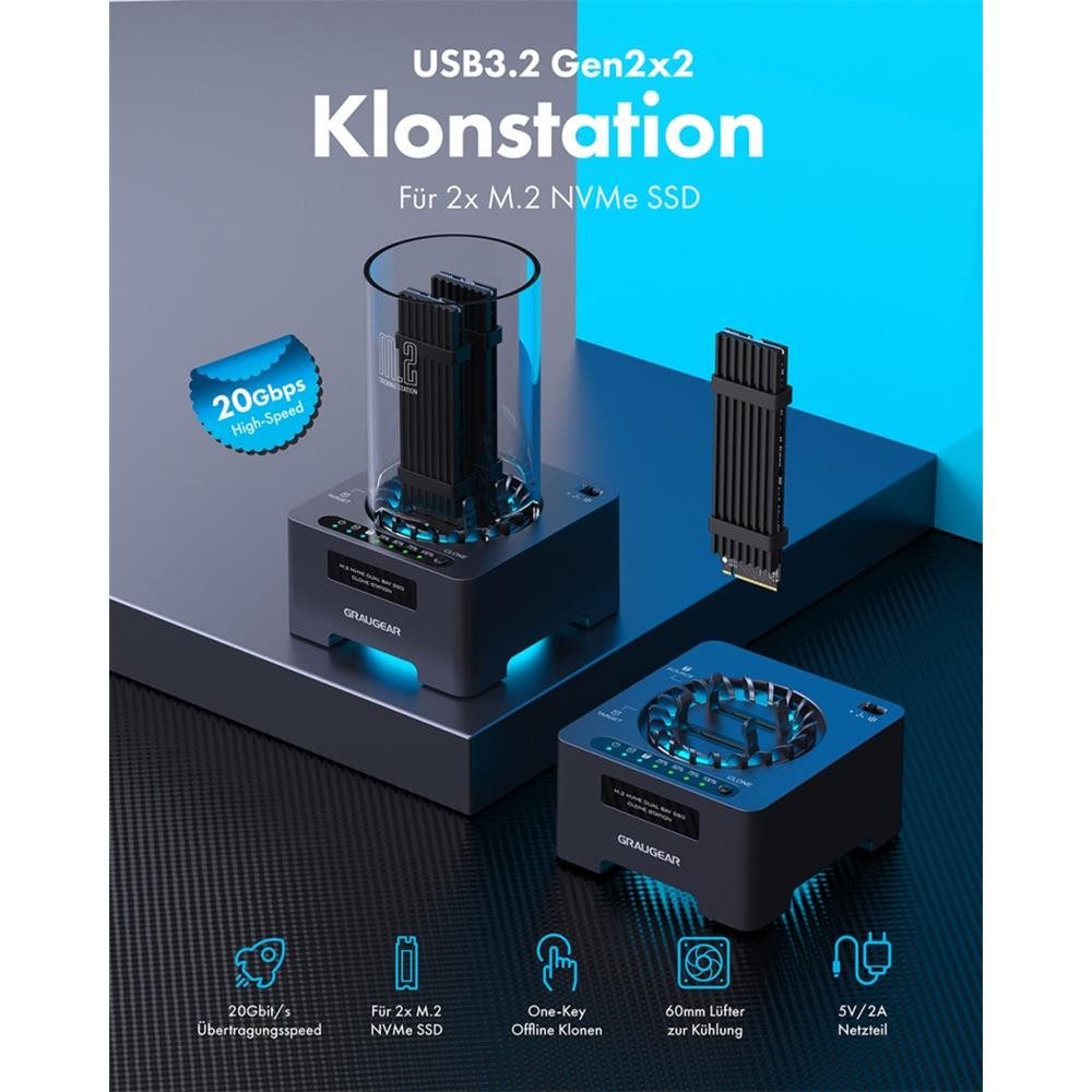 GRAUGEAR Laptop-Dockingstation Klonstation G-M2DK-CL-20G, USB3.2 Gen2x2, für 2x M.2 NVMe SSD, mit Lüfter und One-Touch-Klontaste