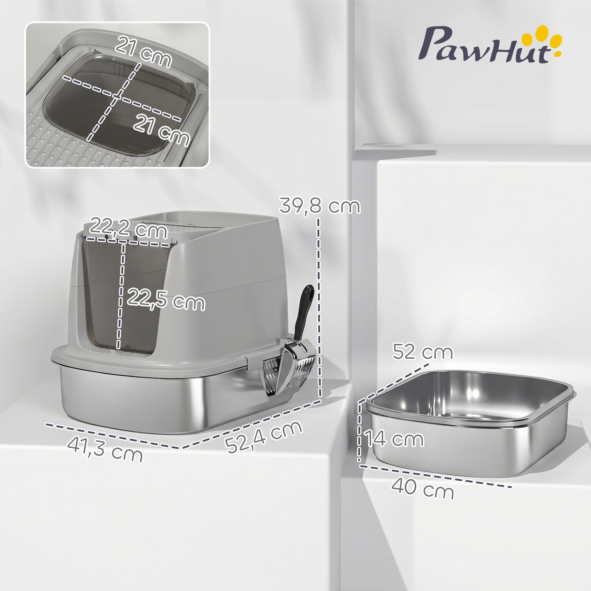 PawHut Katzentoilette mit Deckel, Schaufel Tablett, für Katzen bis 6 kg, Hellgrau