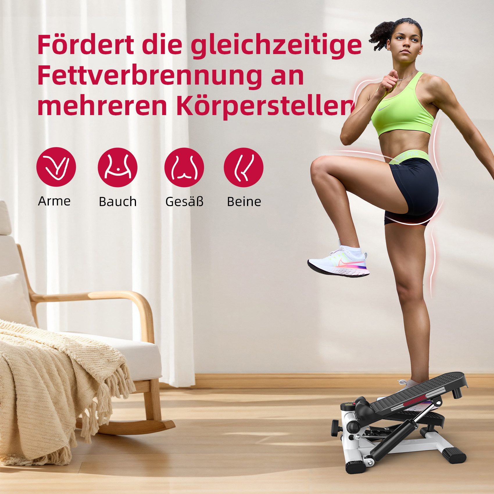 JASPORT Mini-Stepper ST1 2-in-1 Mini Stepper mit Widerstandsband (2-in-1 Up-Down Swing Stepper mit Power Ropes), leise, max. Belastbarkeit 100kg