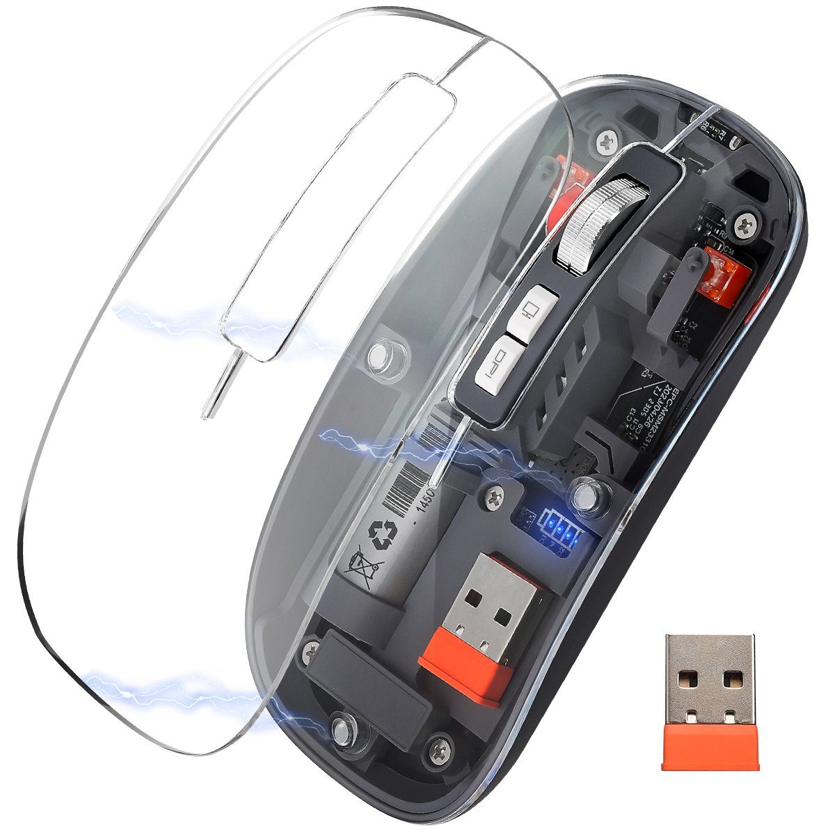 VSIUO Kabellose Bluetooth Maus Transparent, Tri-Mode Wiederaufladbare Maus ergonomische Maus (Silent Design, 3 einstellbare DPI-Stufen, für Windows, IOS, OS Systeme)