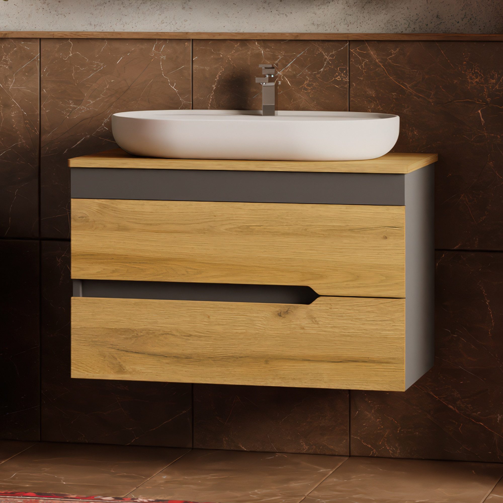 Karen Waschtisch-Set Waschtisch mit Unterschrank Marmara, (3-St., Unterschrank mit Schubladen, Keramikwaschbecken), Innovatives Design, MDF Lam, Softclose, Funktionalität